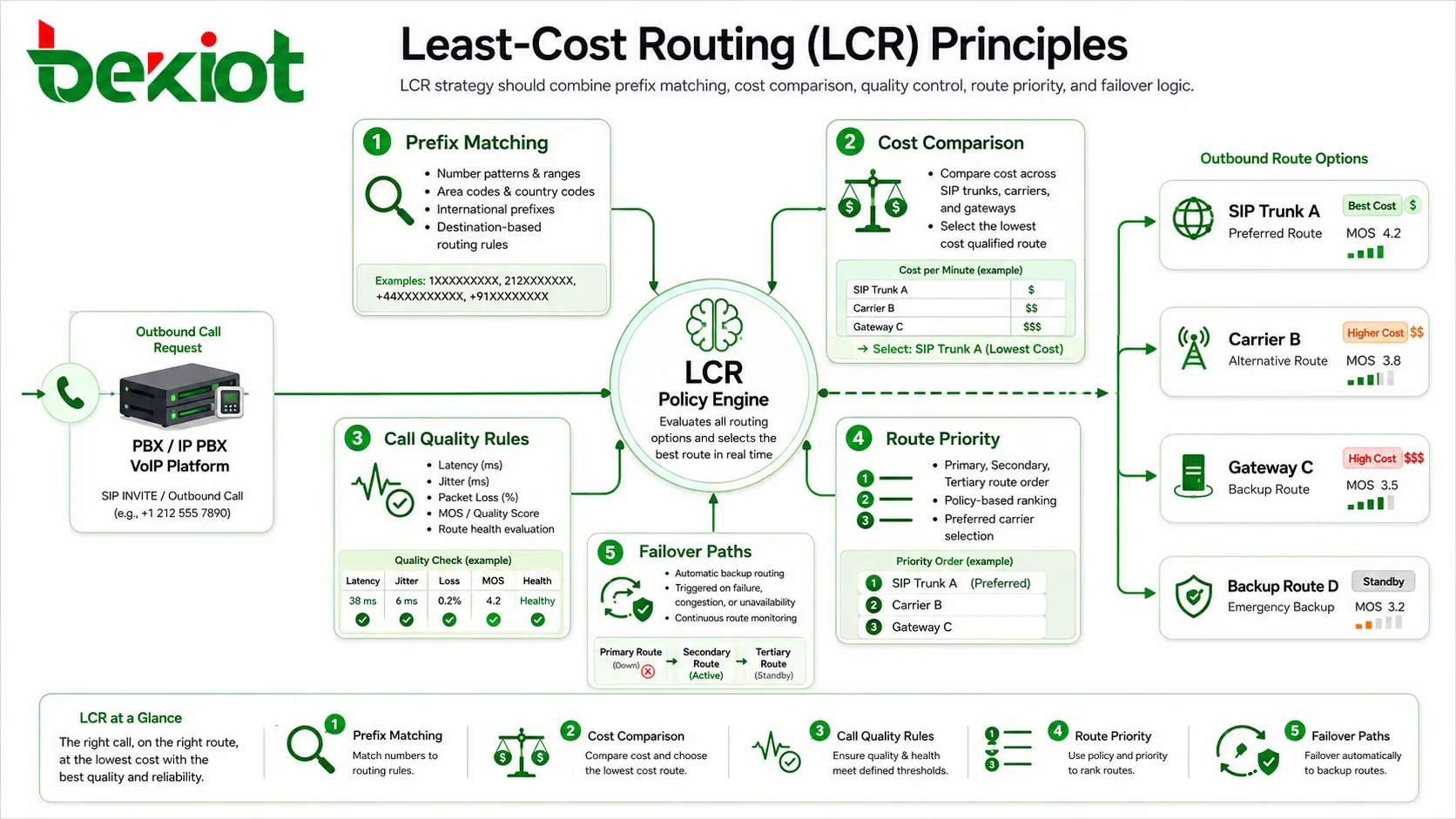 Princípios do roteamento de menor custo LCR incluindo correspondência de prefixos, comparação de custos, regras de qualidade, prioridade de rota e caminhos de failover