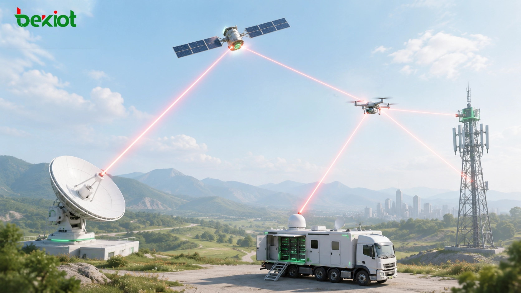 Conceito de comunicação por laser mostrando transmissão óptica de espaço livre entre nós de rede