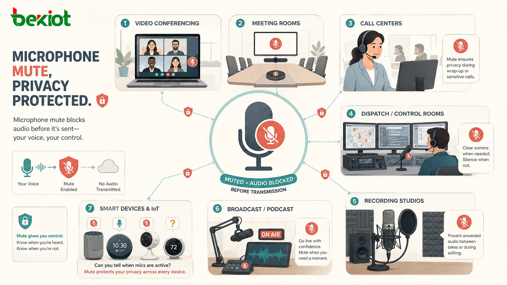 Aplicações do silêncio do microfone em videoconferências, salas de reunião, centrais de atendimento, sistemas de despacho, transmissão, gravação e dispositivos inteligentes