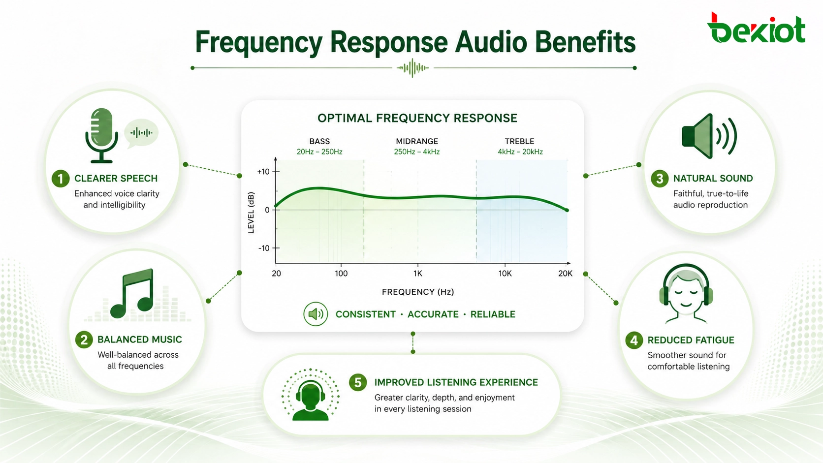 Benefícios de áudio da resposta de frequência mostrando fala mais clara, música equilibrada, som natural, fadiga reduzida e experiência auditiva aprimorada