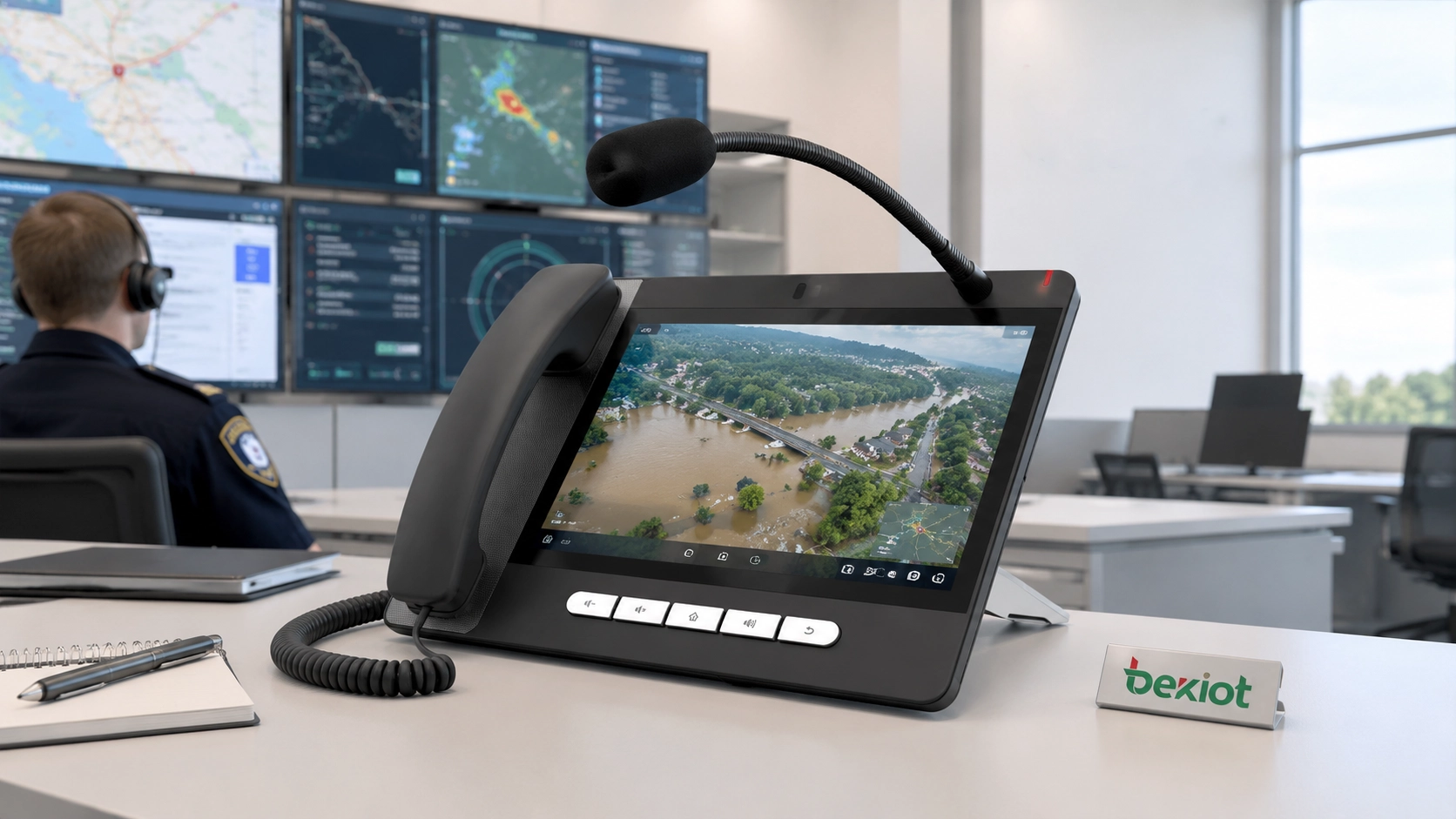 Console SIP de tela grande exibindo feed de vídeo de drone para comando de emergência