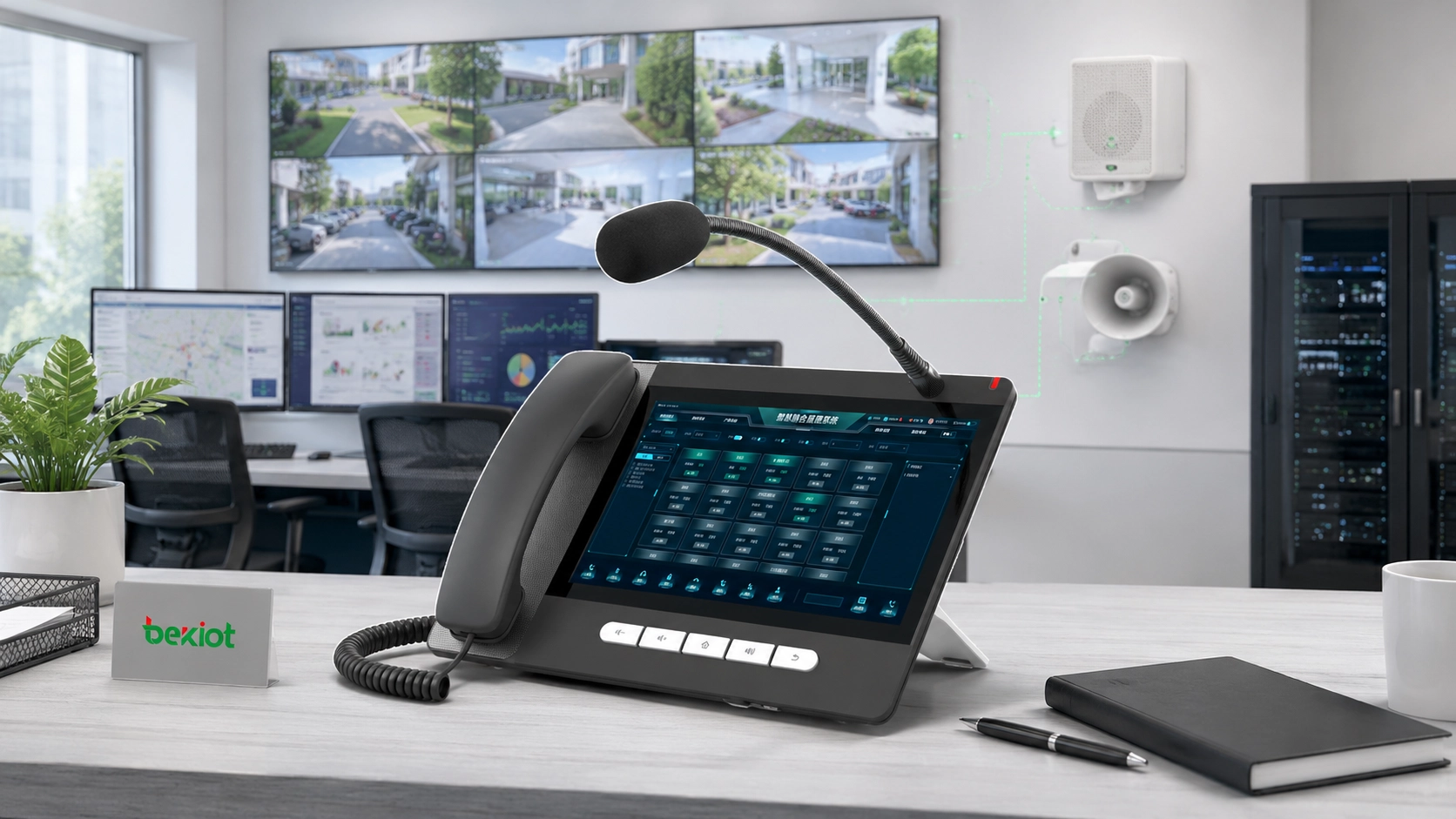 Console de paginação SIP conectado a câmeras de monitoramento, alto-falantes de paginação e recursos do centro de comando