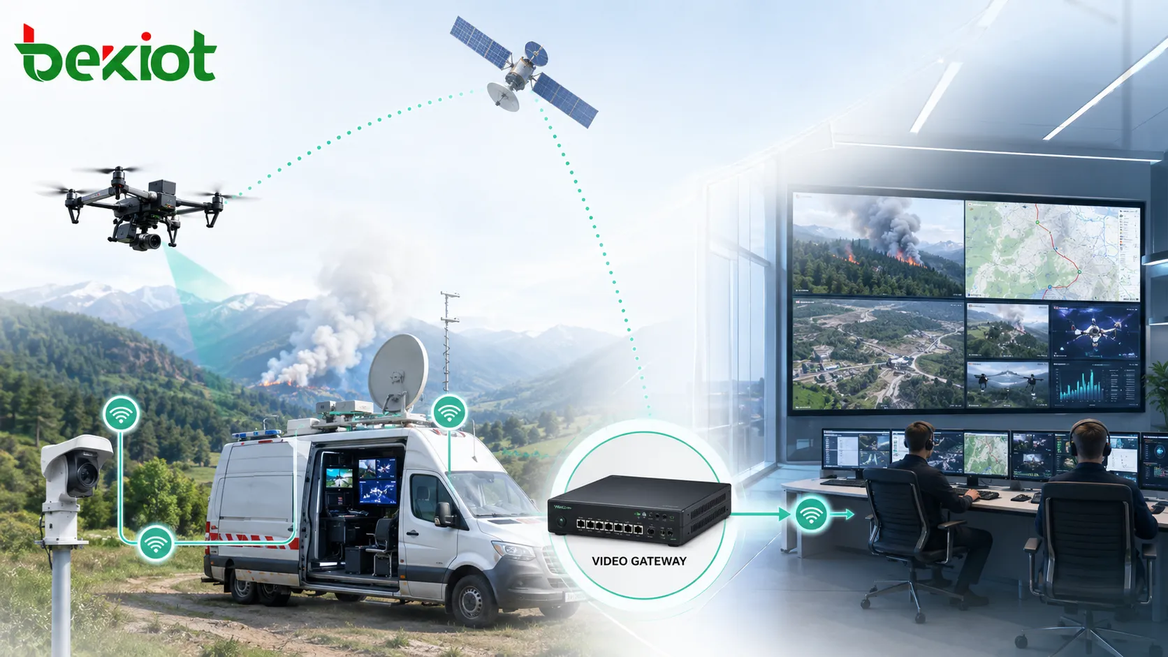 Link de comunicação por satélite de banda larga conectando vídeo de drone, câmeras de campo, veículo de comando de emergência e centro de comando remoto através de um gateway de vídeo