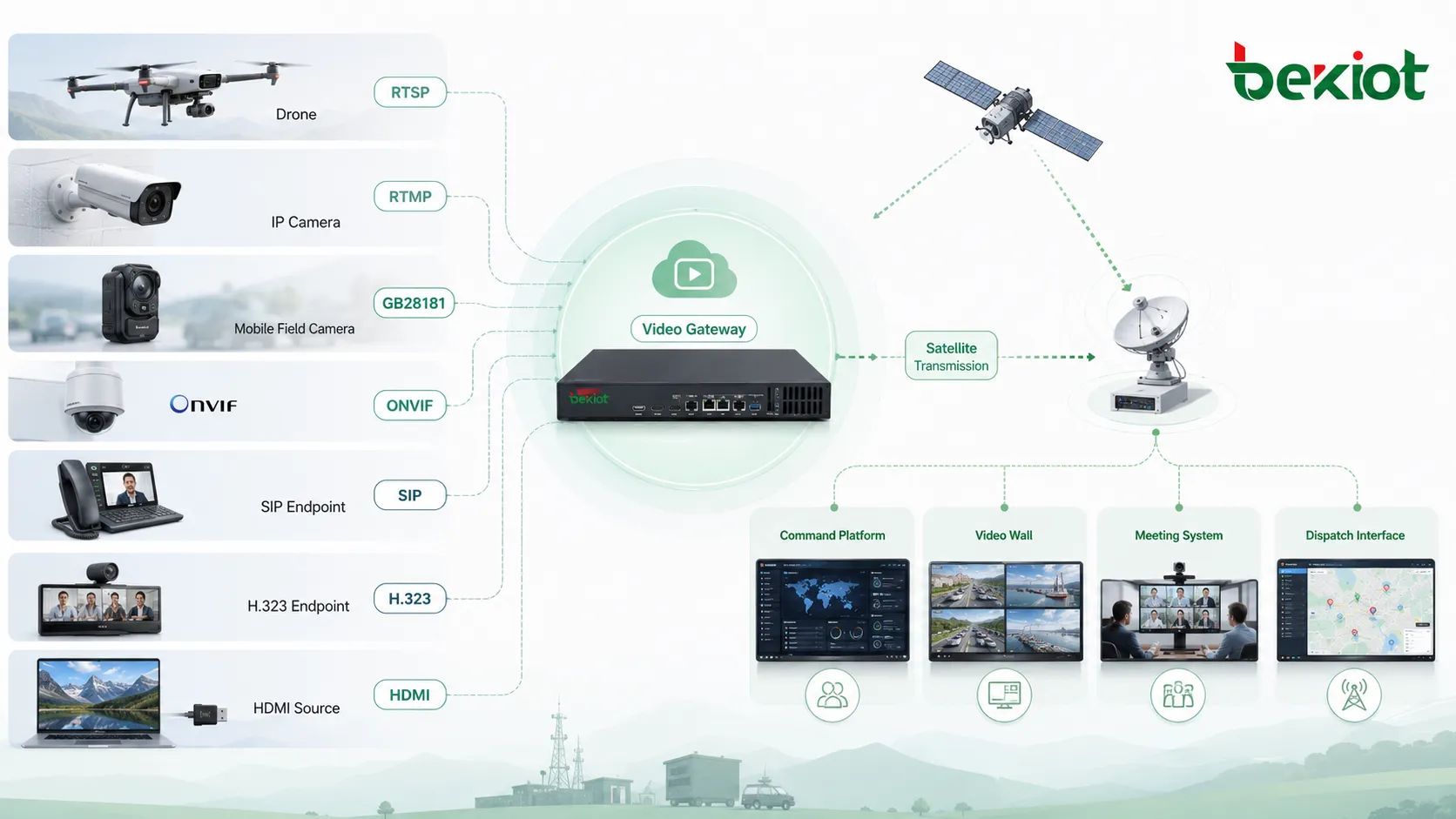 Arquitetura de gateway de vídeo conectando fontes de vídeo drone RTSP RTMP GB28181 ONVIF SIP H323 HDMI com transmissão por satélite e plataforma de comando