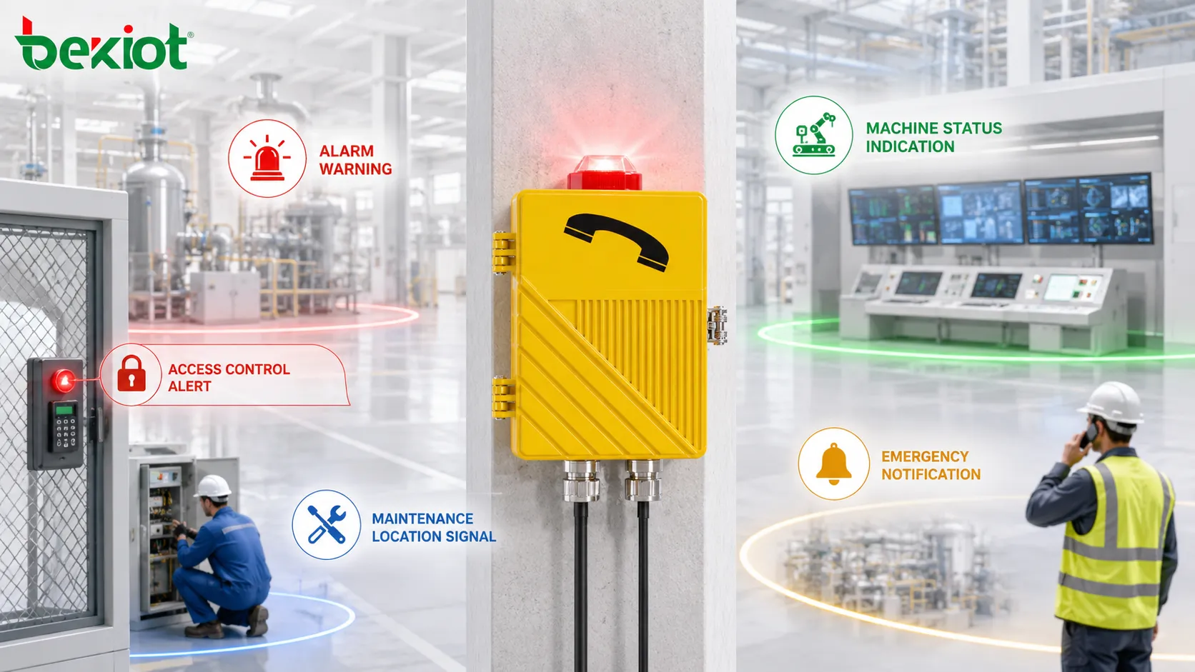 Funções do sinalizador strobe mostrando advertência de alarme, indicação de status de máquina, notificação de emergência, alerta de controle de acesso e sinal de localização para manutenção