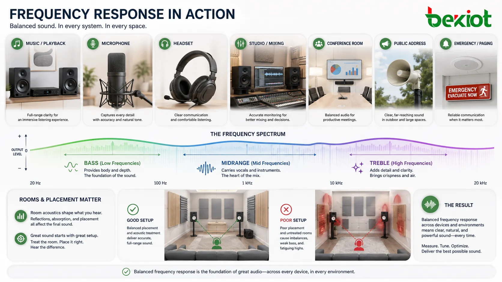 Aplicações da resposta de frequência em alto-falantes microfones headsets monitores de estúdio salas de conferência PA e sistemas de notificação de emergência