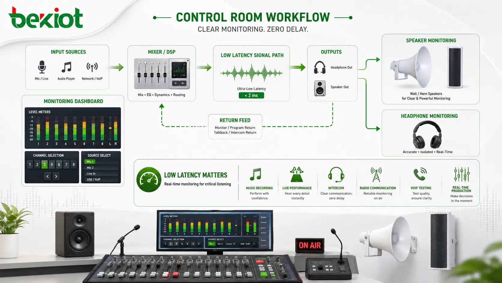 Fonctionnalités de surveillance audio montrant écoute au casque, écoute sur enceintes, vumètres, sélection de voie, faible latence et flux de travail en régie