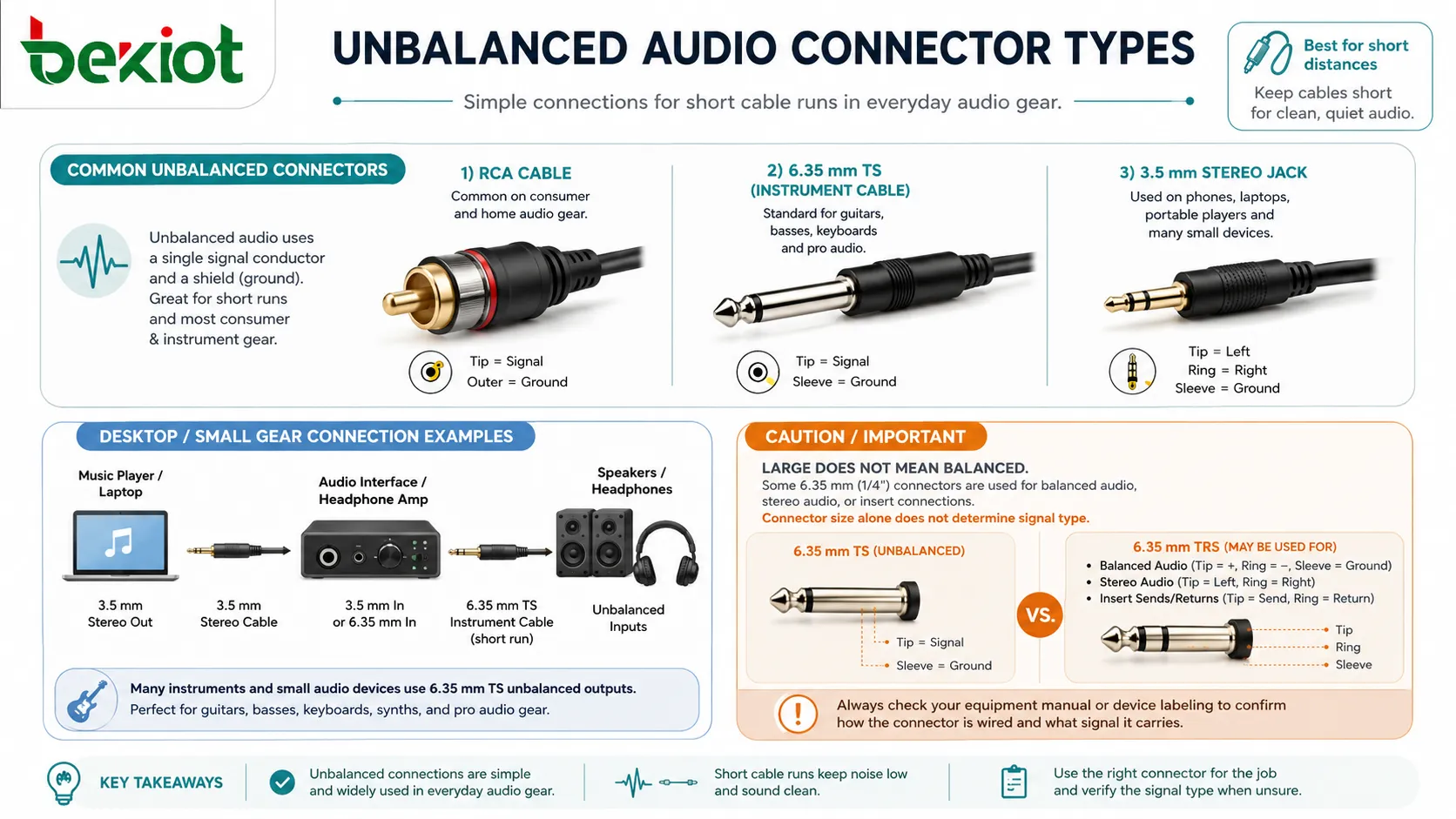 Tipos de conectores de áudio não balanceado com cabo RCA, cabo TS de instrumento, jack estéreo de 3,5 mm e conexão curta de desktop