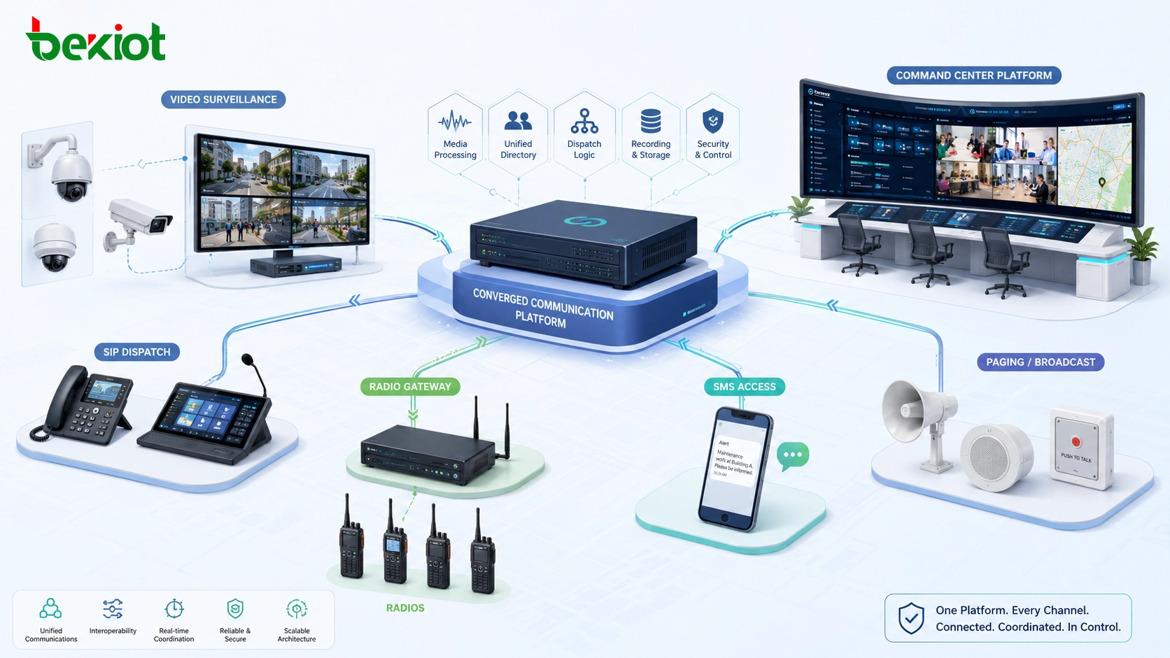 Sistema de comunicação convergente integrando videovigilância, despacho SIP, gateway de rádio, acesso SMS, paging e plataforma de centro de comando