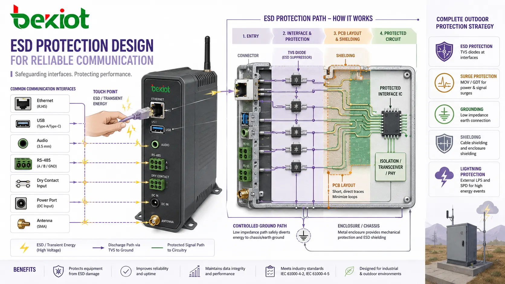 Projeto de proteção contra ESD mostrando diodo TVS, blindagem de conector, leiaute da PCI, caminho de terra, ponto de toque no gabinete e interface de comunicação protegida