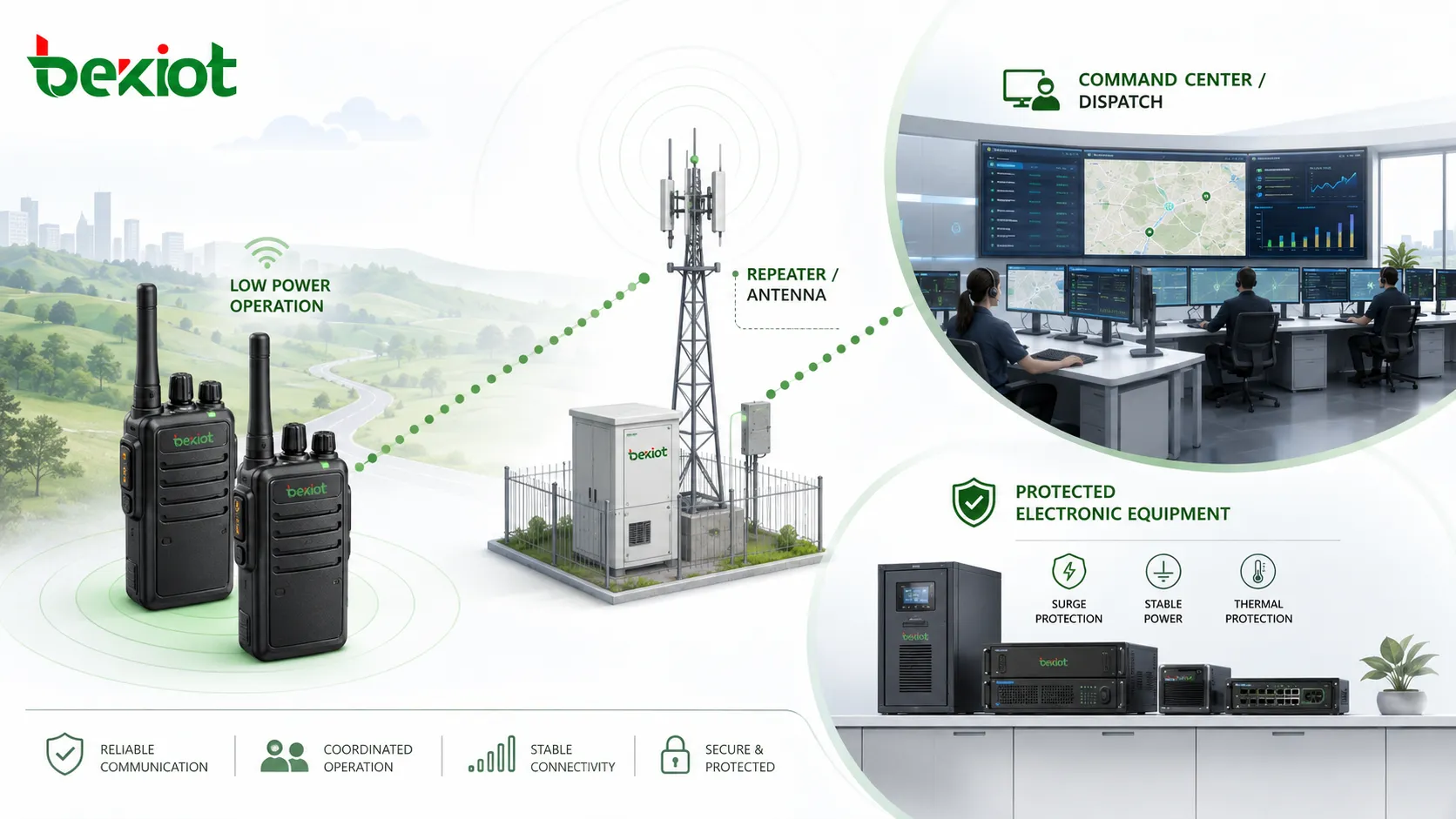 Sistema profissional de despacho por rádio mostrando walkie-talkies operação em baixa potência repetidor antena centro de comando e equipamentos eletrônicos protegidos