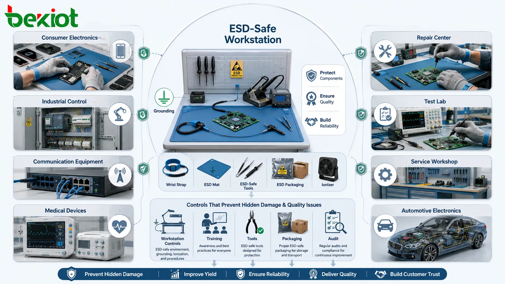 Aplicações da proteção contra ESD em eletrônicos de consumo, controle industrial, equipamentos de comunicação, dispositivos médicos, sistemas automotivos e estações de trabalho de fabricação