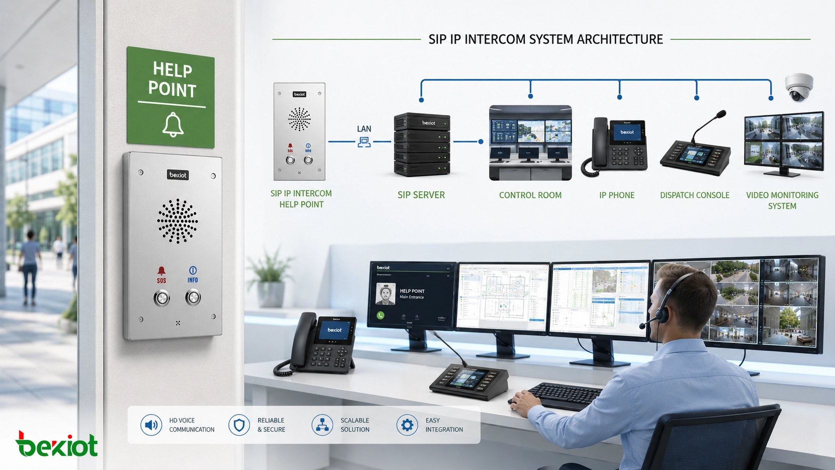 Ponto de ajuda com intercomunicador IP SIP conectando terminal fixo de chamada, servidor SIP, sala de controle, telefone IP, console de despacho e sistema de videomonitoramento