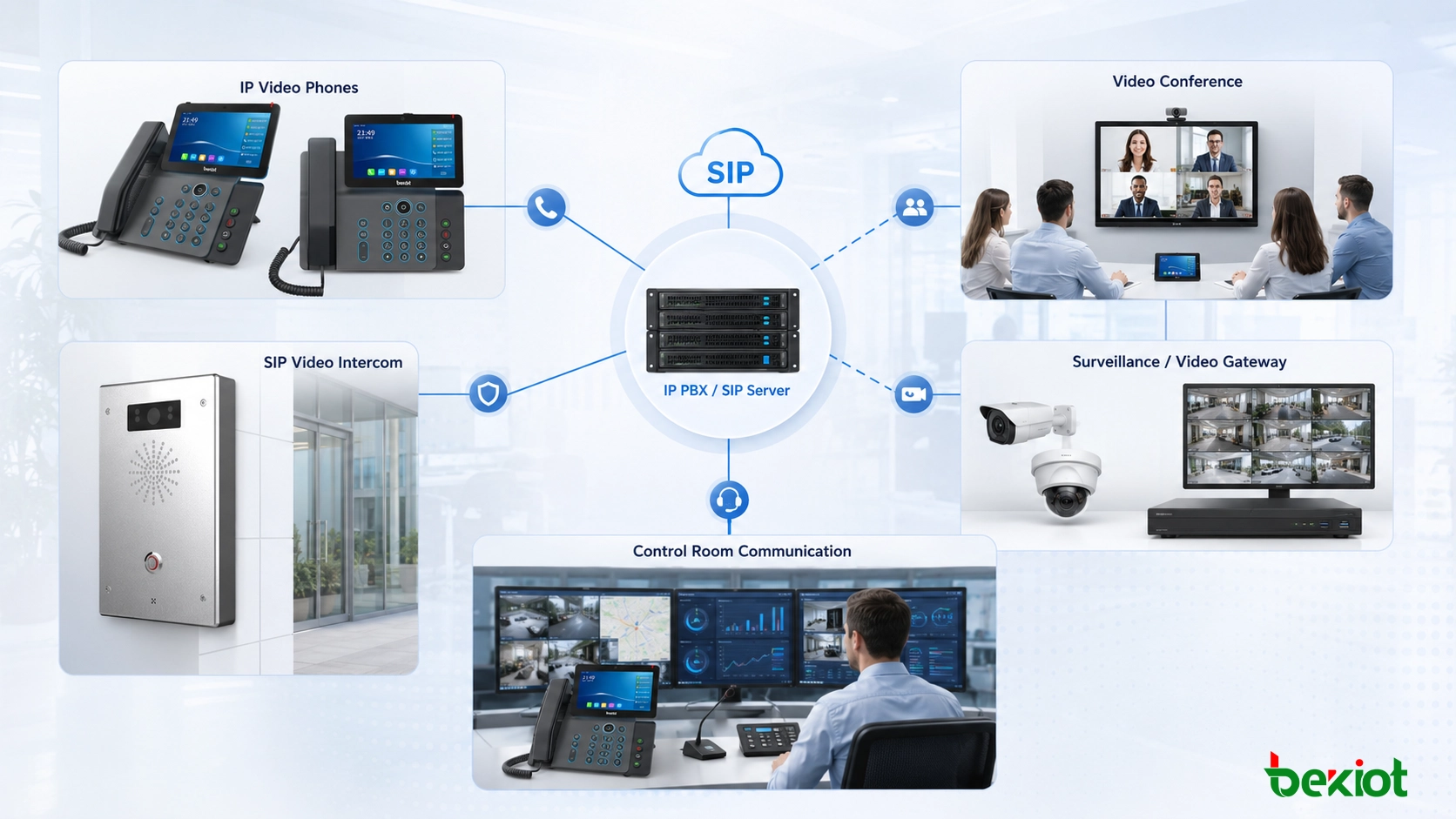 Vínculo de vídeo IP PBX mostrando telefone IP sem vídeo associado a câmera de vigilância e pop-up automático de vídeo durante um evento de chamada