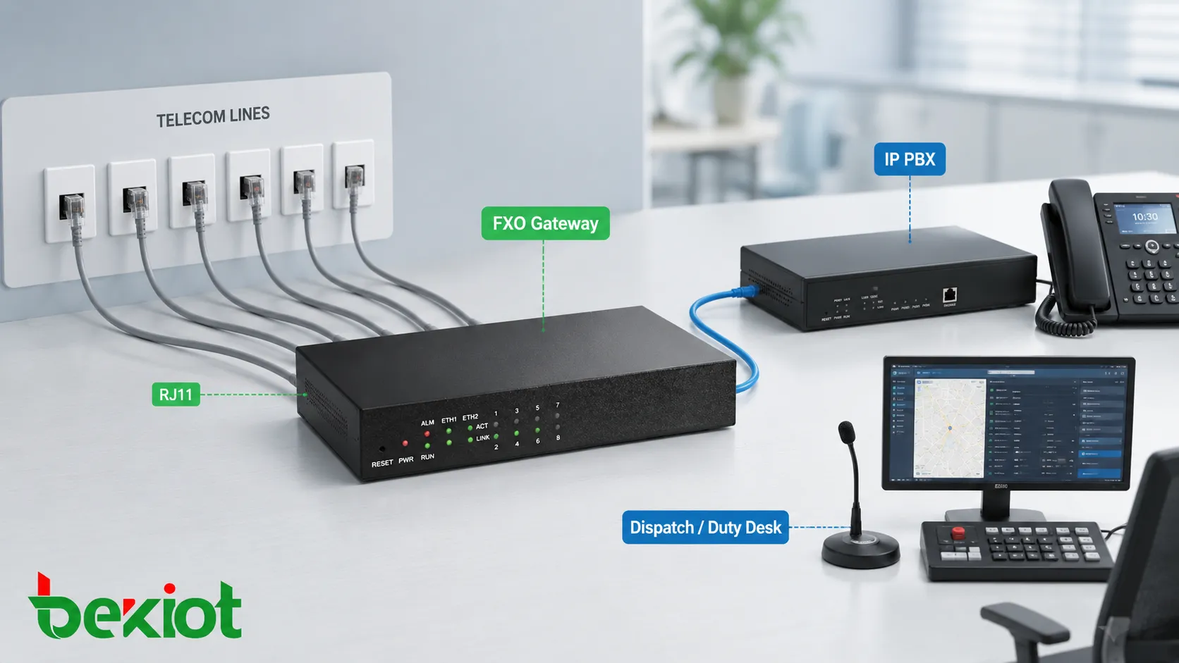 Gateway analógico FXO conectado a várias linhas telefônicas RJ11 para chamadas externas de IP PBX de pequeno escritório e despacho