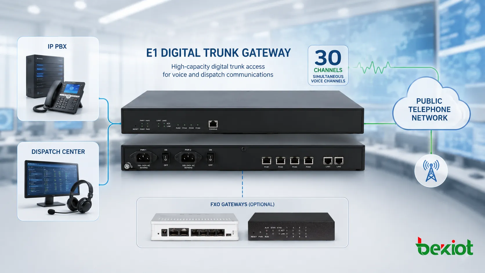 Gateway de tronco digital E1 conectando IP PBX, centro de despacho e rede telefônica pública com 30 canais de voz simultâneos