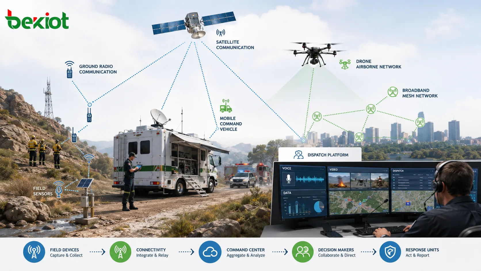 Sistema de comando de emergência integrando comunicação via satélite rede aérea por drone rádio terrestre mesh de banda larga veículo de comando sensores e plataforma de despacho