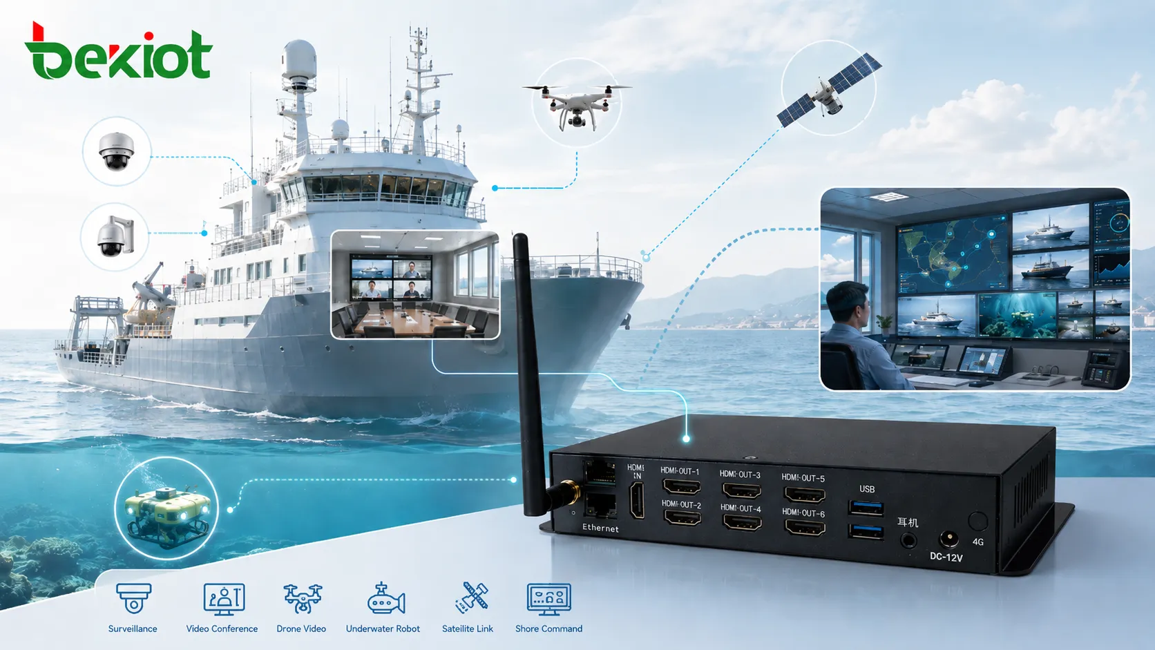 Transmissão leve de vídeo via satélite do navio para centro de comando em terra com câmera de drone vídeo 1080P em torno de 200K de bitrate e monitoramento estável