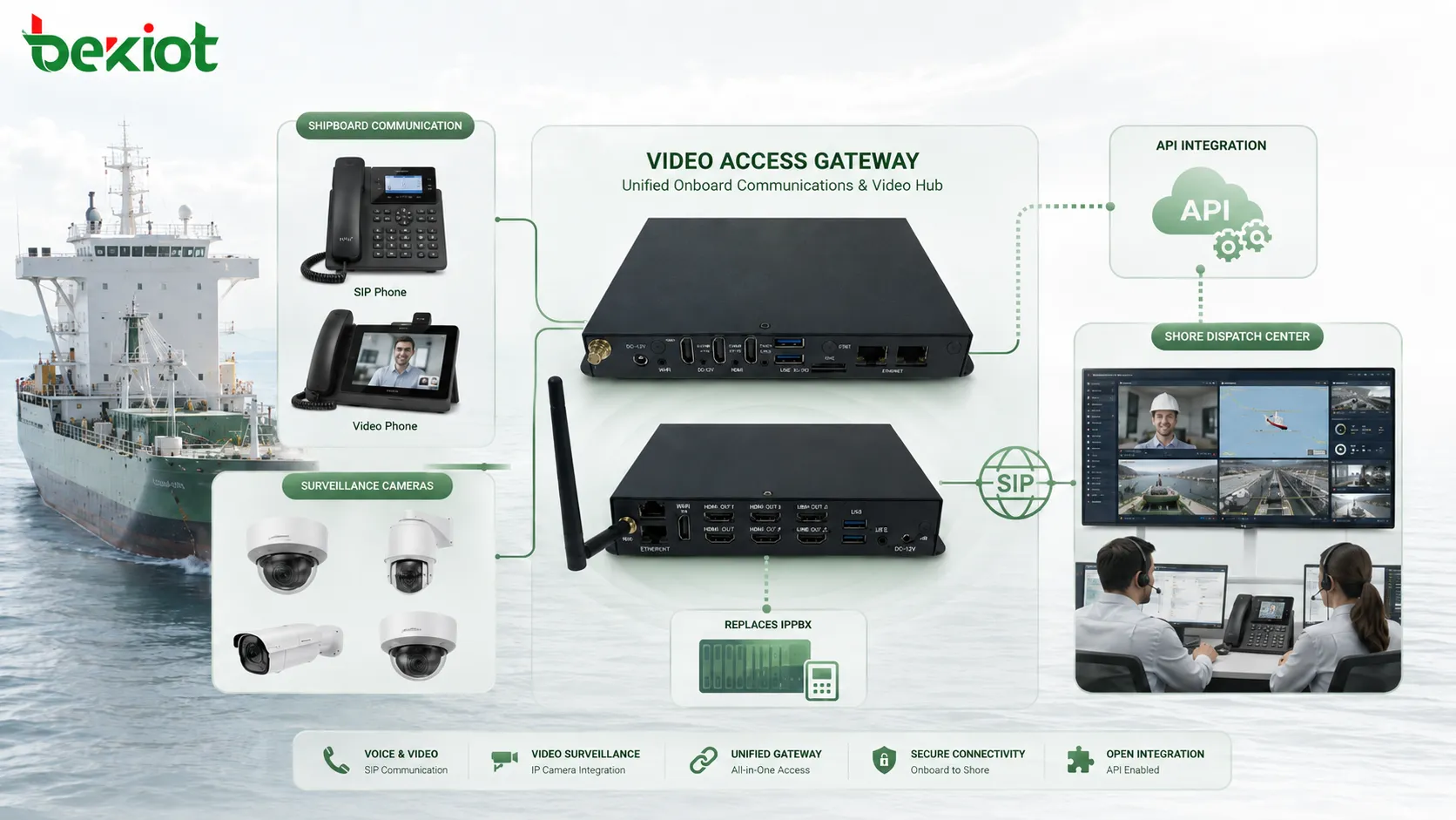 Arquitetura de comunicação de vídeo SIP a bordo conectando telefones IP videofones câmeras de vigilância gateway de acesso a vídeo substituição de IPPBX API e centro de despacho em terra