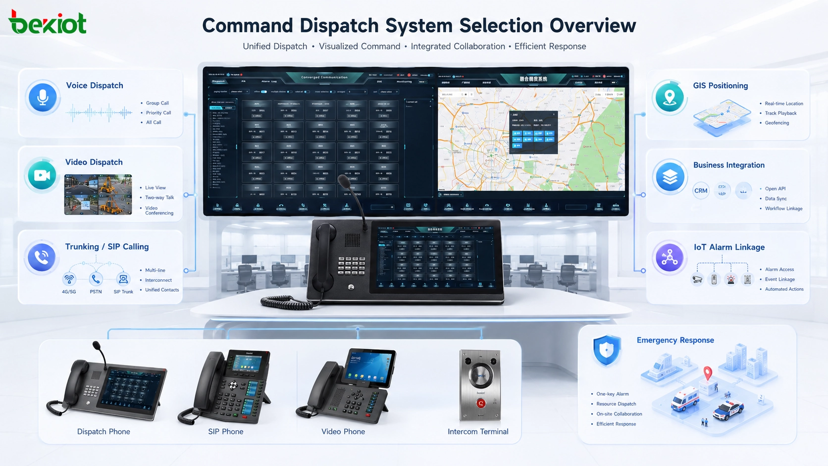 Visão geral de seleção do sistema de despacho de comando com despacho de voz, despacho de vídeo, trunking, GIS, integração de negócios, ligação de alarmes IoT e centro de resposta a emergências