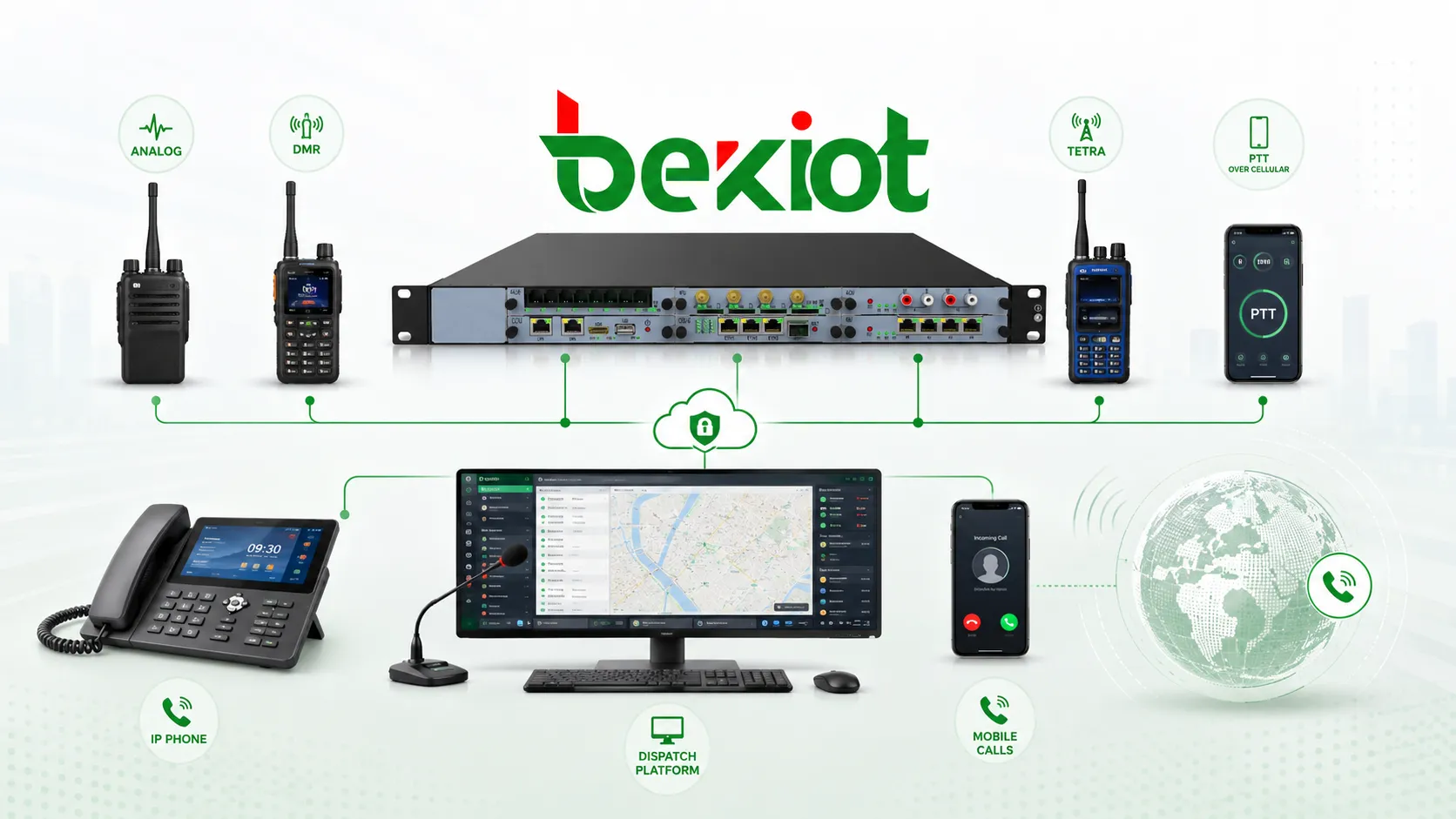 Interoperabilidade de comunicação híbrida conectando rádios analógicos DMR TETRA PTT de rede pública terminais inteligentes telefones IP chamadas móveis externas e plataforma de despacho