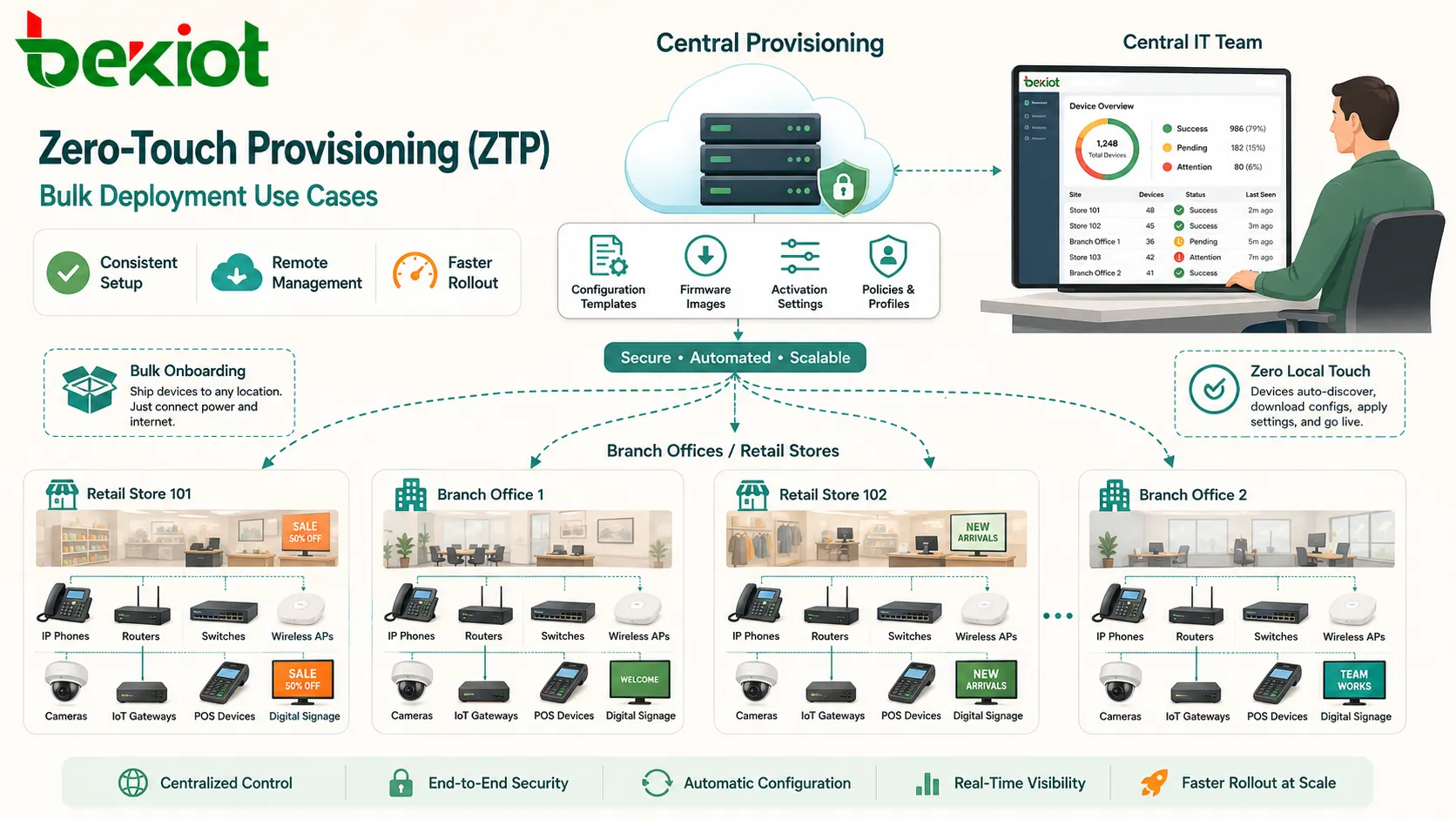 Casos de uso de implantação em massa Zero-Touch Provisioning ZTP mostrando telefones IP roteadores switches pontos de acesso sem fio câmeras gateways IoT e dispositivos de filial
