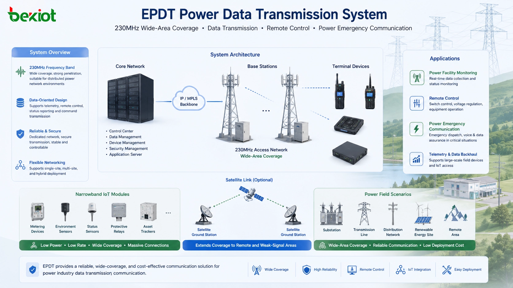 Sistema EPDT de transmissão de dados de energia com rede 230MHz estações base terminais enlace satelital módulos IoT de banda estreita controle remoto e comunicação emergencial
