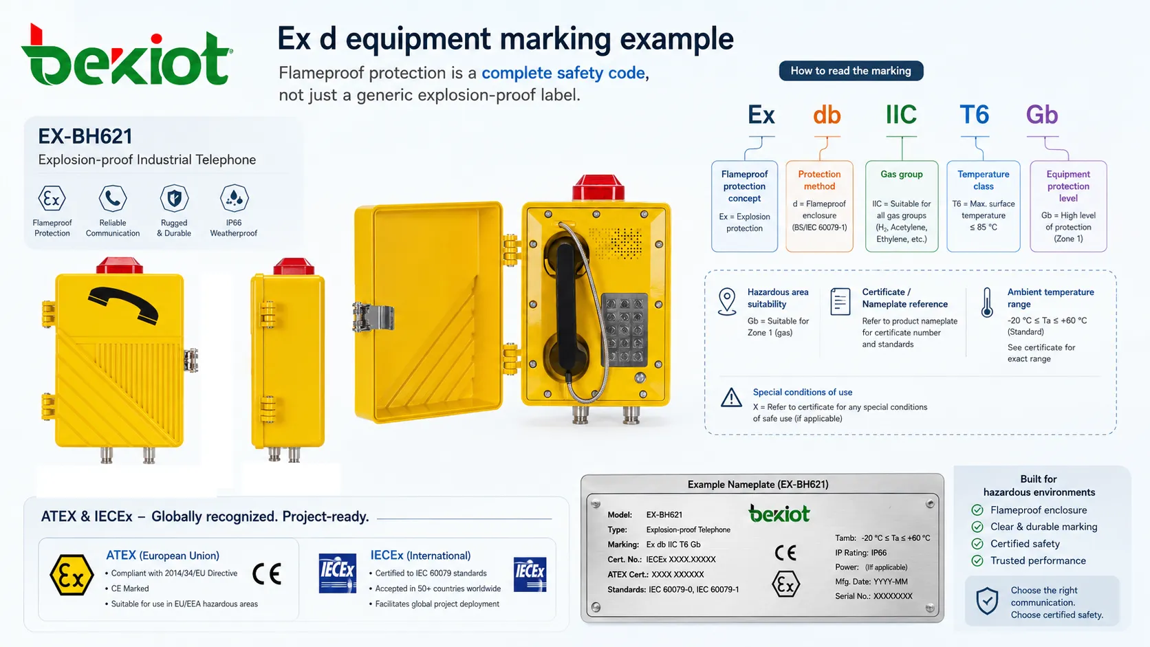 Exemplo de marcação de equipamento Ex d mostrando proteção à prova de explosão grupo de gás classe de temperatura nível de proteção do equipamento e adequação à zona perigosa