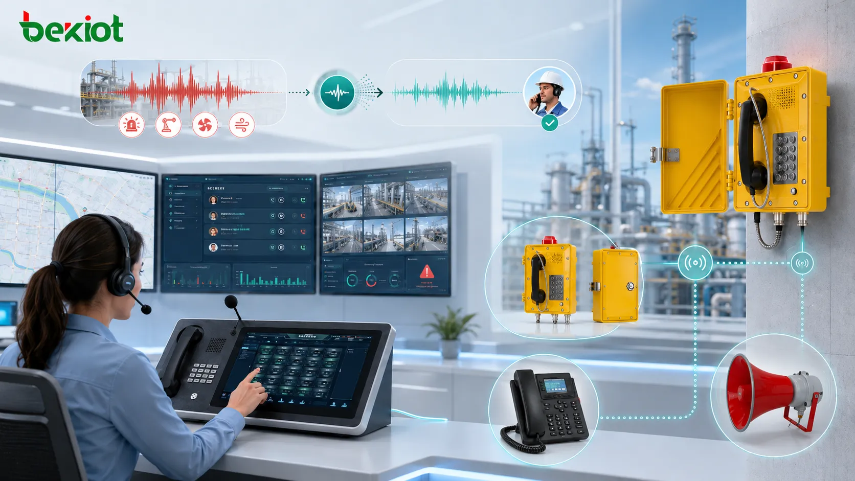 Centro de despacho usando redução de ruído para melhorar chamadas de telefones industriais intercomunicadores de emergência gateways de rádio e trabalhadores de campo