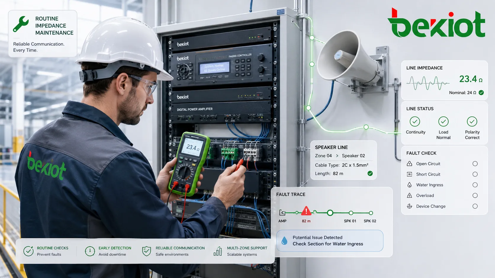 Técnico testando impedância em linha de alto-falantes cabo de comunicação e equipamento de áudio industrial durante manutenção