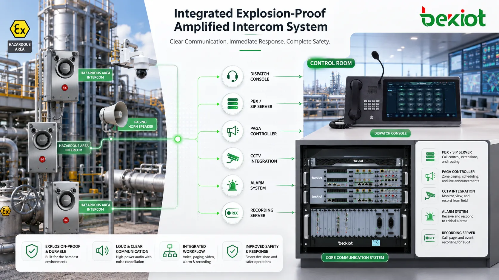 Sistema integrado de intercomunicadores amplificados à prova de explosão conectando estações de área perigosa console de despacho controlador PAGA CCTV sistema de alarme e servidor de gravação
