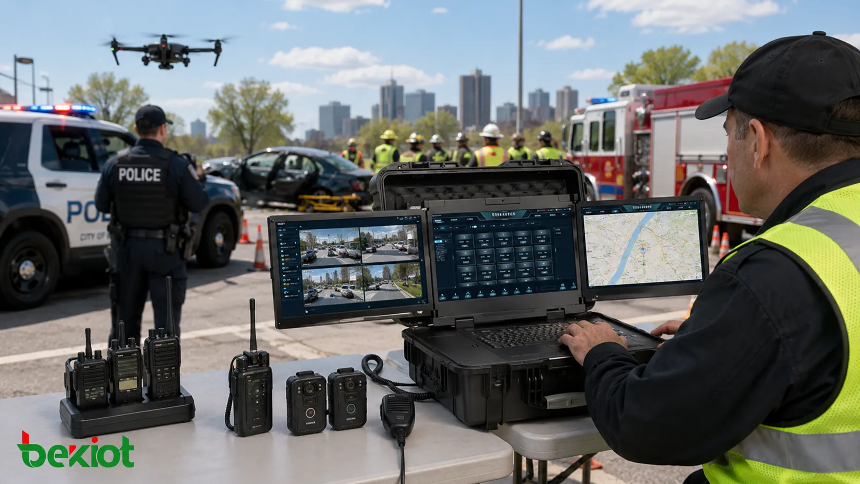 Fluxo de despacho audiovisual de emergência integrando vídeo de drone câmeras corporais câmeras veiculares rádios bidirecionais mapa GIS e centro de comando