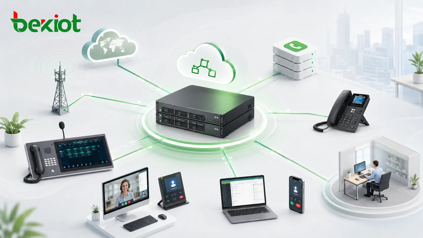 Servidor de intercomunicação em rede pública conectado com tronco SIP IPPBX terminais inteligentes telefones IP usuários de escritório móvel e rede telefônica externa