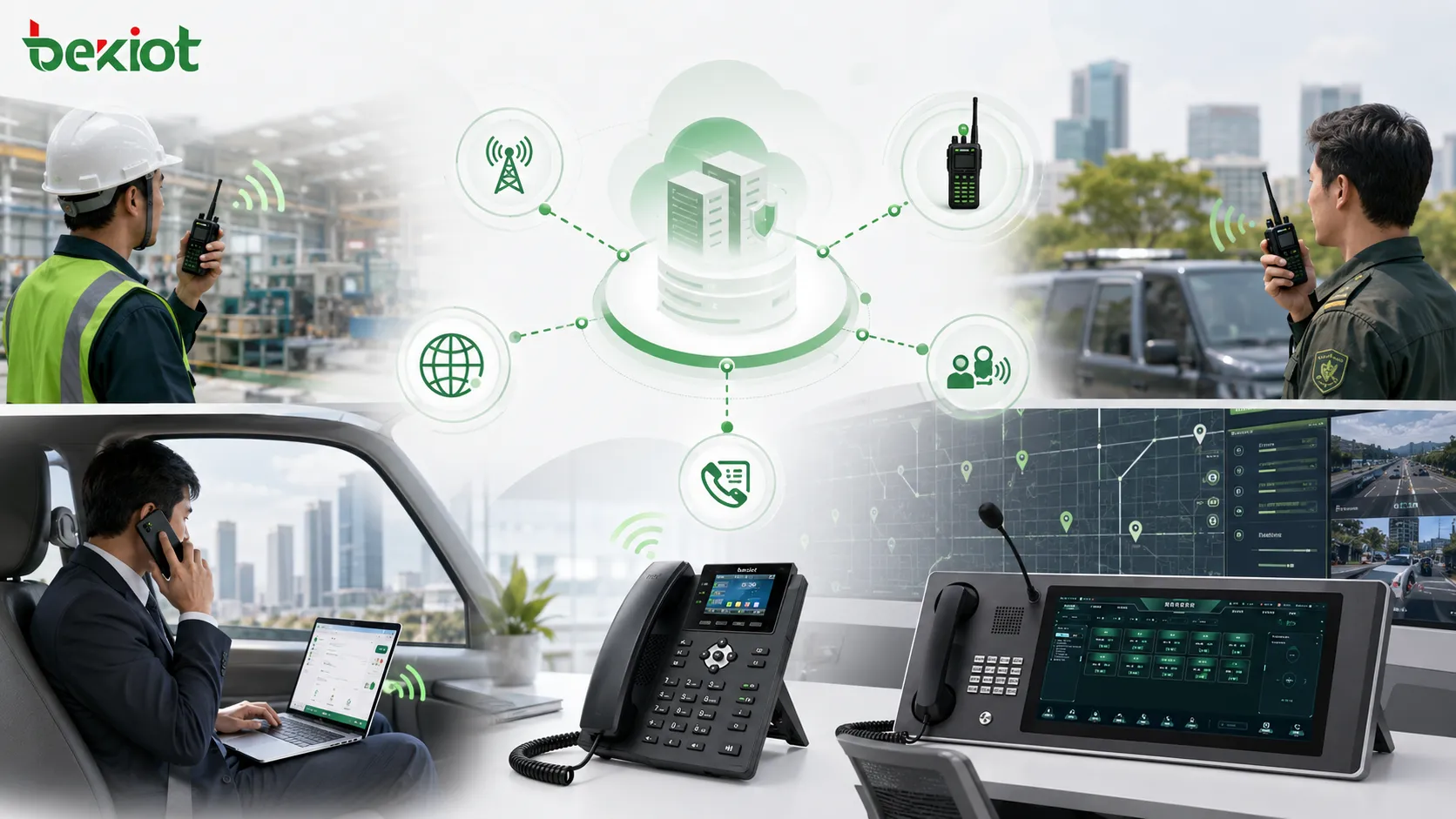 Solução de push to talk sem fio e escritório móvel integrando intercomunicação em rede pública sistema de rádio privado telefones IP plataforma SIP e centro de despacho