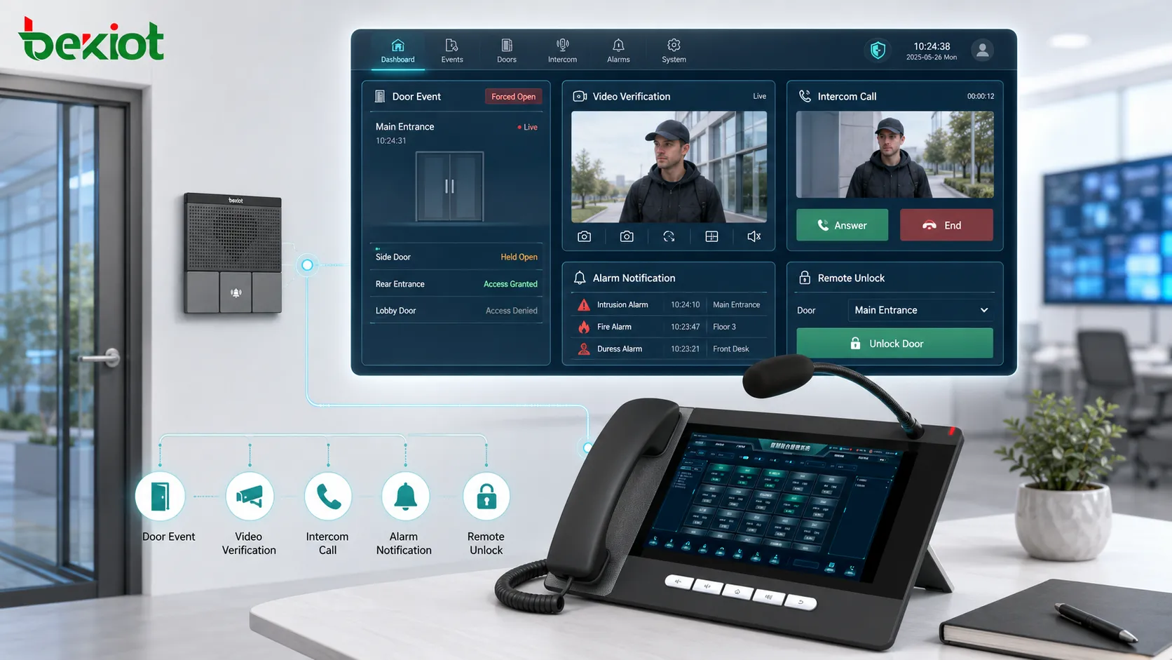 Tela de integração de controle de acesso mostrando evento de porta verificação por vídeo chamada de interfone notificação de alarme e decisão de destravamento remoto
