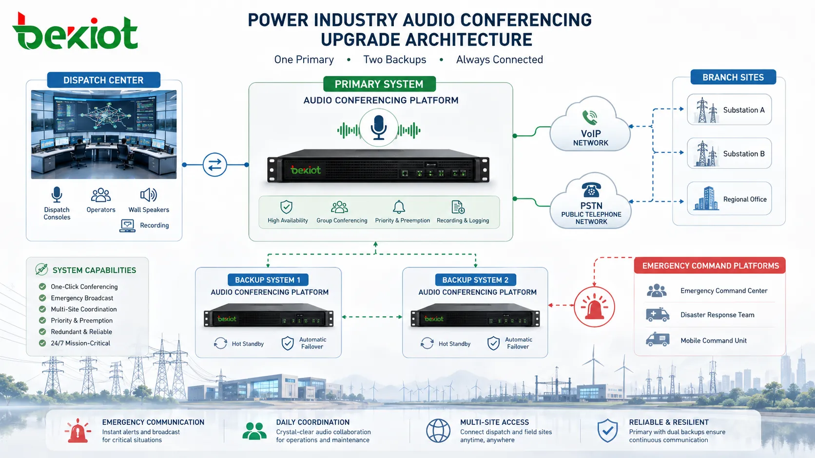 Solução de audioconferência mista VoIP e PSTN para empresas elétricas conectando telefones IP, telefones fixos, usuários móveis, salas de conferência, gateways de telecomunicações e troncos de operadora