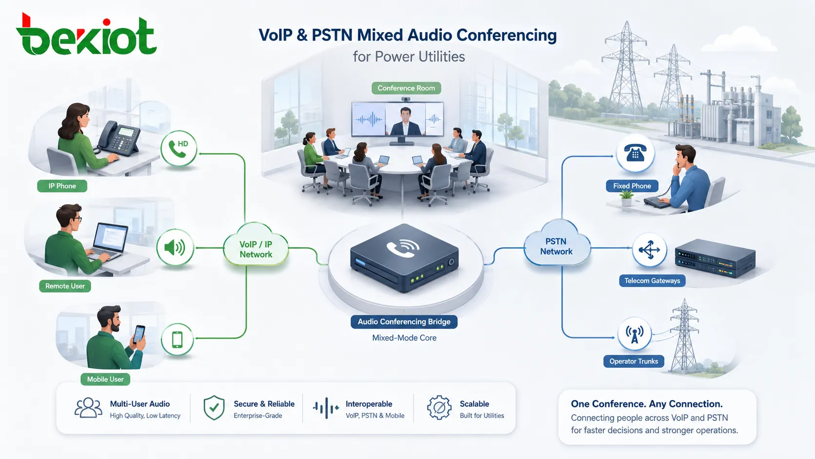 Integração de audioconferência de comando de emergência para o setor elétrico conectando centro de despacho, MCU de videoconferência, plataforma OA, controle API, gateway de áudio de sala e usuários de campo
