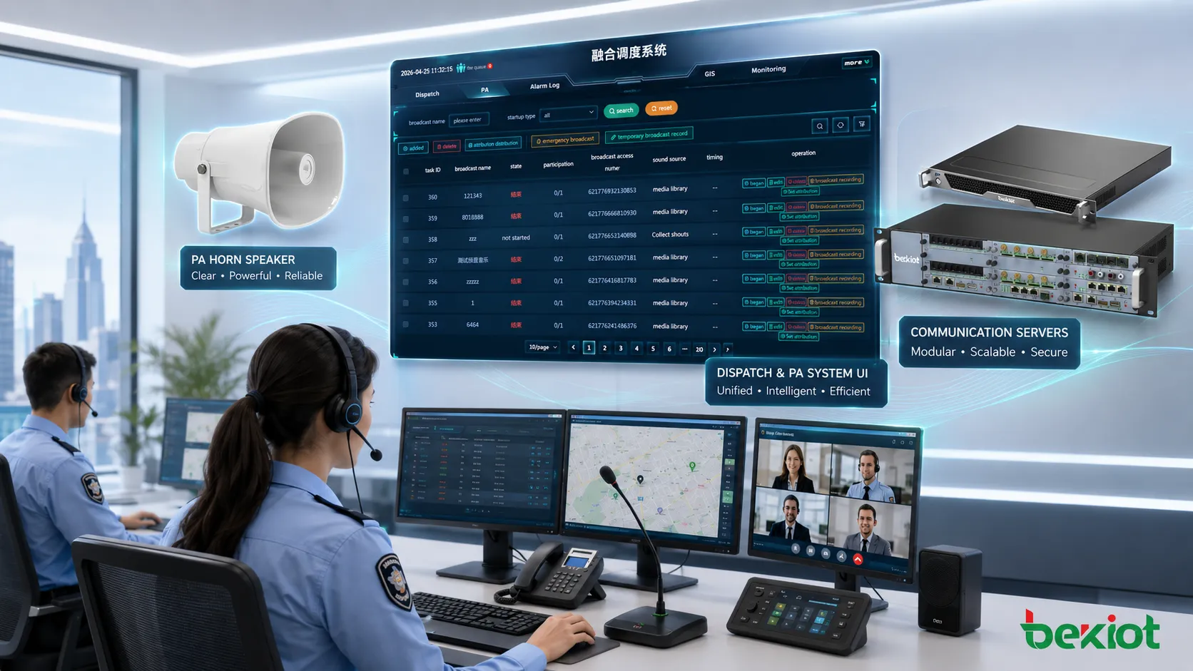 Sala de controle usando equipamentos de vídeo voz despacho paging e alarme para resposta coordenada