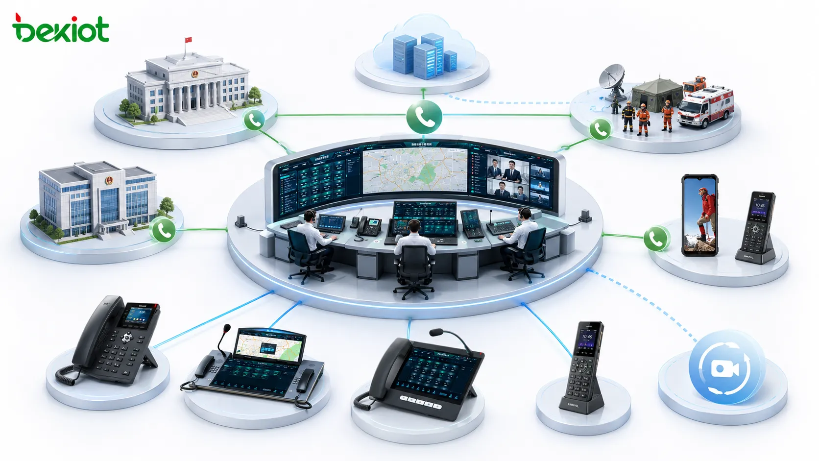 Arquitetura de conferência telefônica de emergência conectando centro de comando, departamentos governamentais, equipes de resgate de campo, usuários móveis, VoIP, PSTN e backup de reunião por vídeo