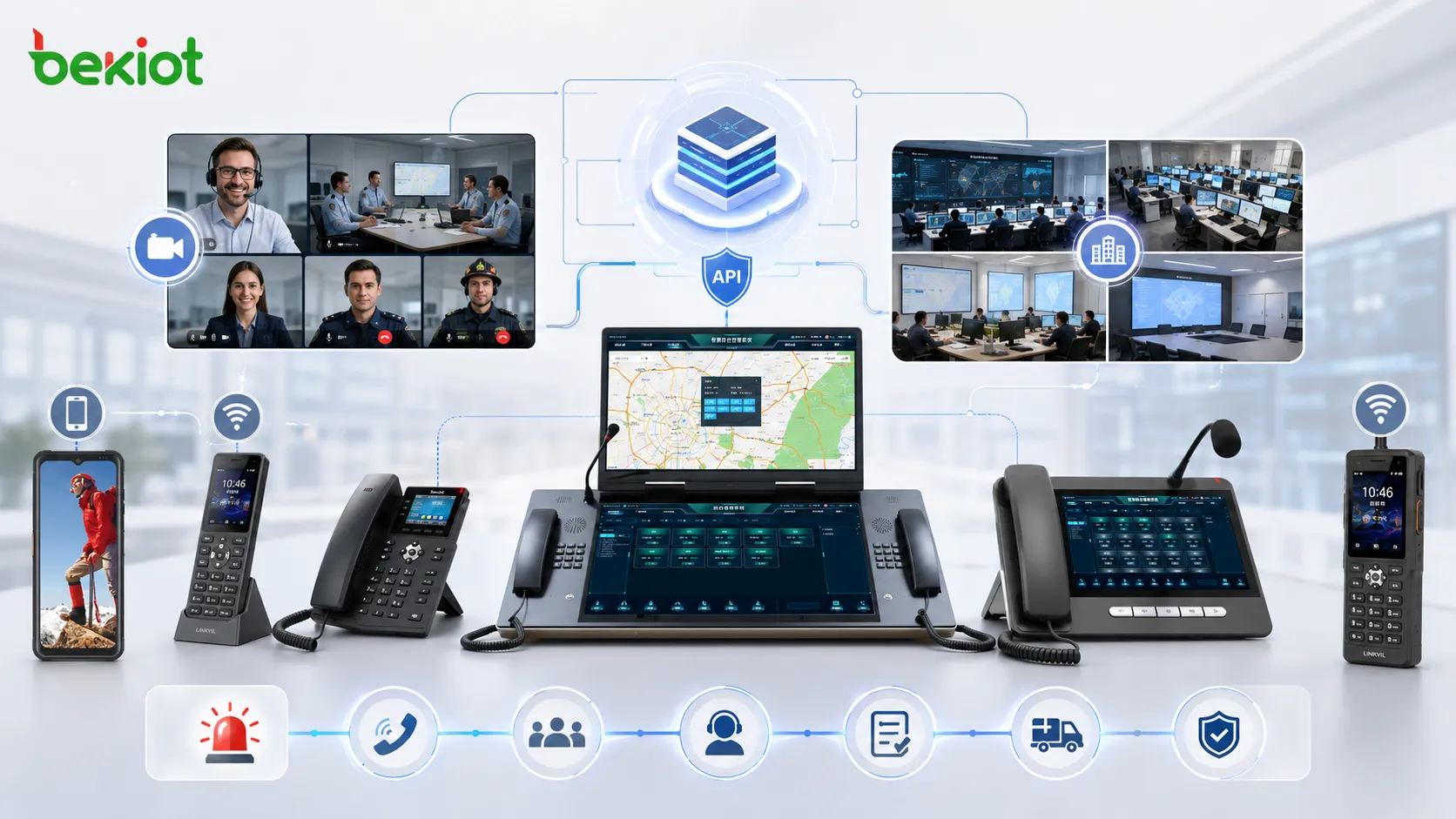 Integração de conferência telefônica de comando de emergência com controle API, plataforma de despacho, videoconferência, equipes de campo, salas de plantão e fluxo de resposta a incidentes