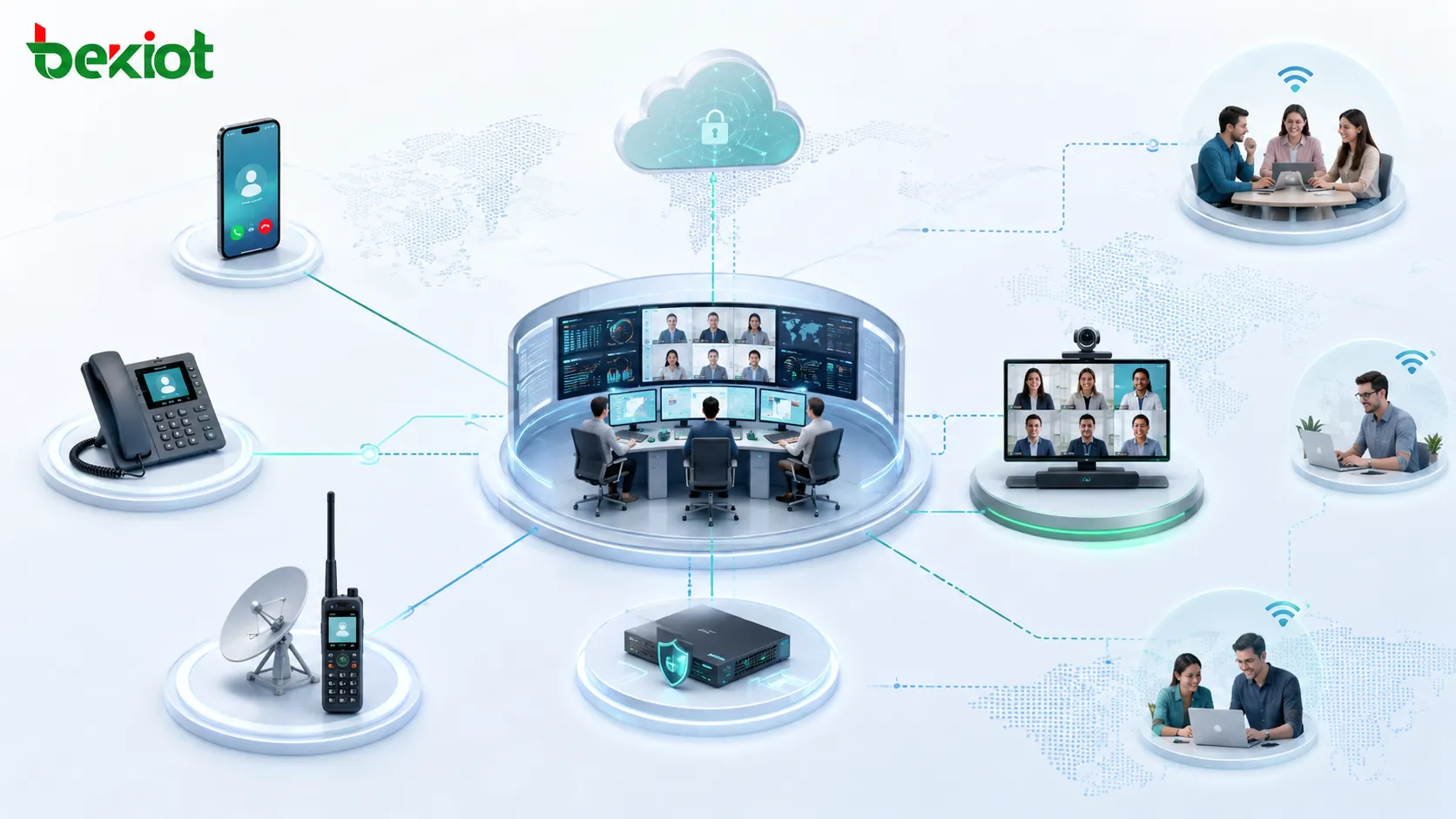 Arquitetura híbrida de audioconferência e reunião por vídeo conectando centro de comando plataforma SIP sistema de vídeo MCU telefones móveis telefones fixos telefones satelitais e equipes remotas