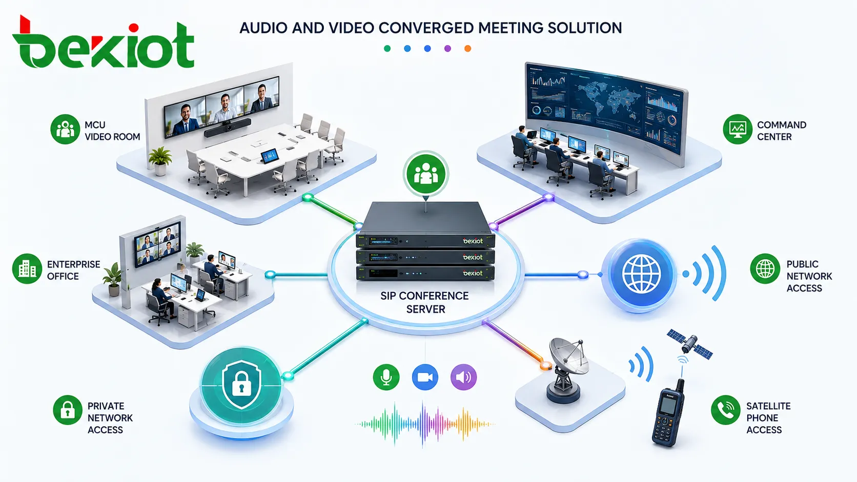 Solução convergente de reunião de áudio e vídeo conectando servidor de conferência SIP sala de vídeo MCU centro de comando escritório empresarial rede pública rede privada e acesso por telefone satelital