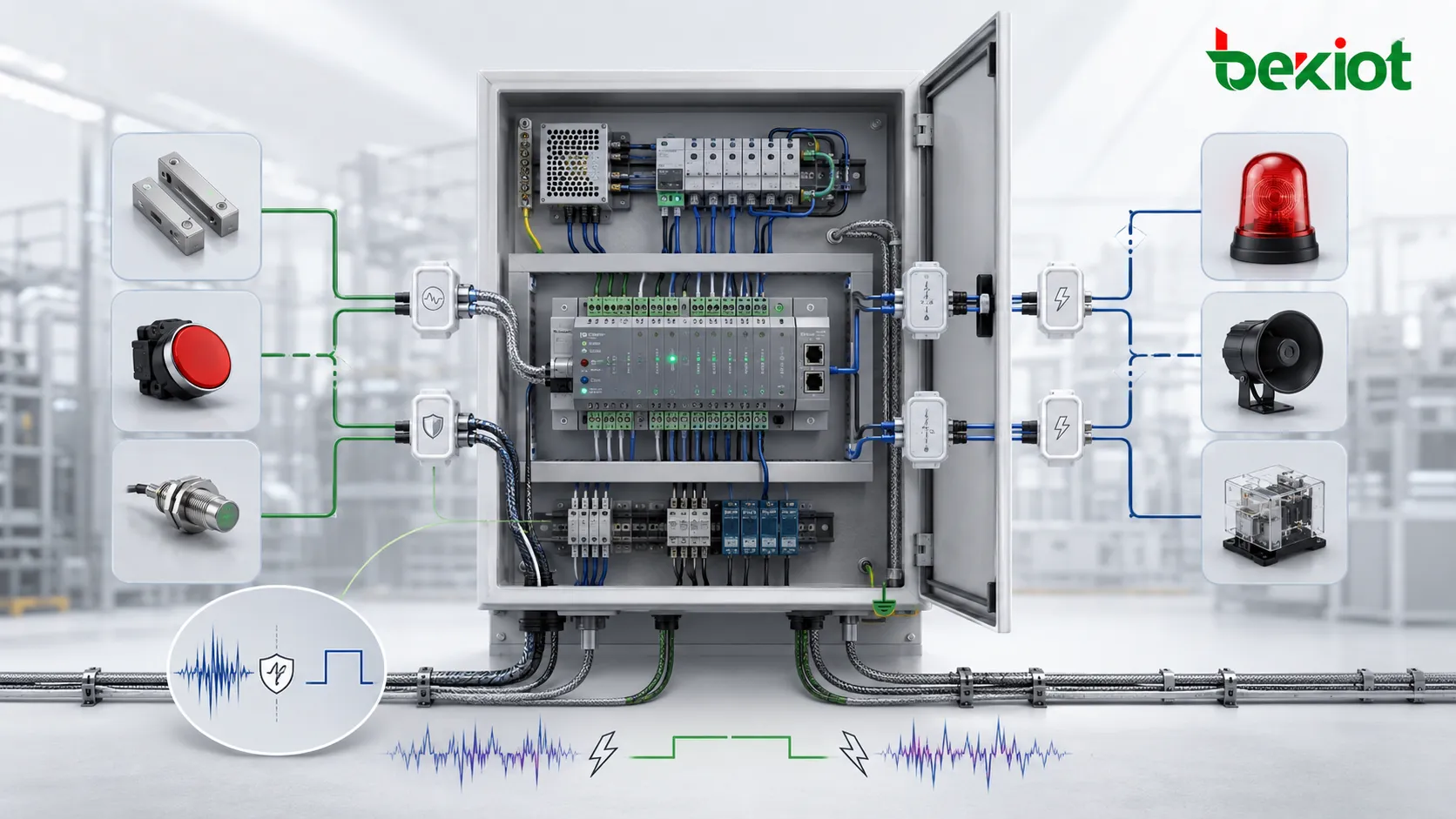 Aplicação de GPIO em equipamento industrial com relé de alarme contato de sensor e integração em painel de controle