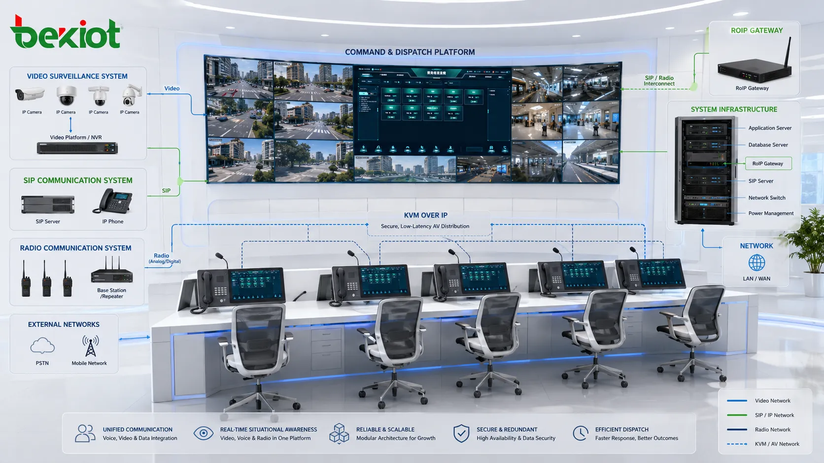 Arquitetura de centro de comando integrando vigilância por vídeo, comunicação SIP, gateway RoIP, assentos KVM e estações de trabalho de despacho