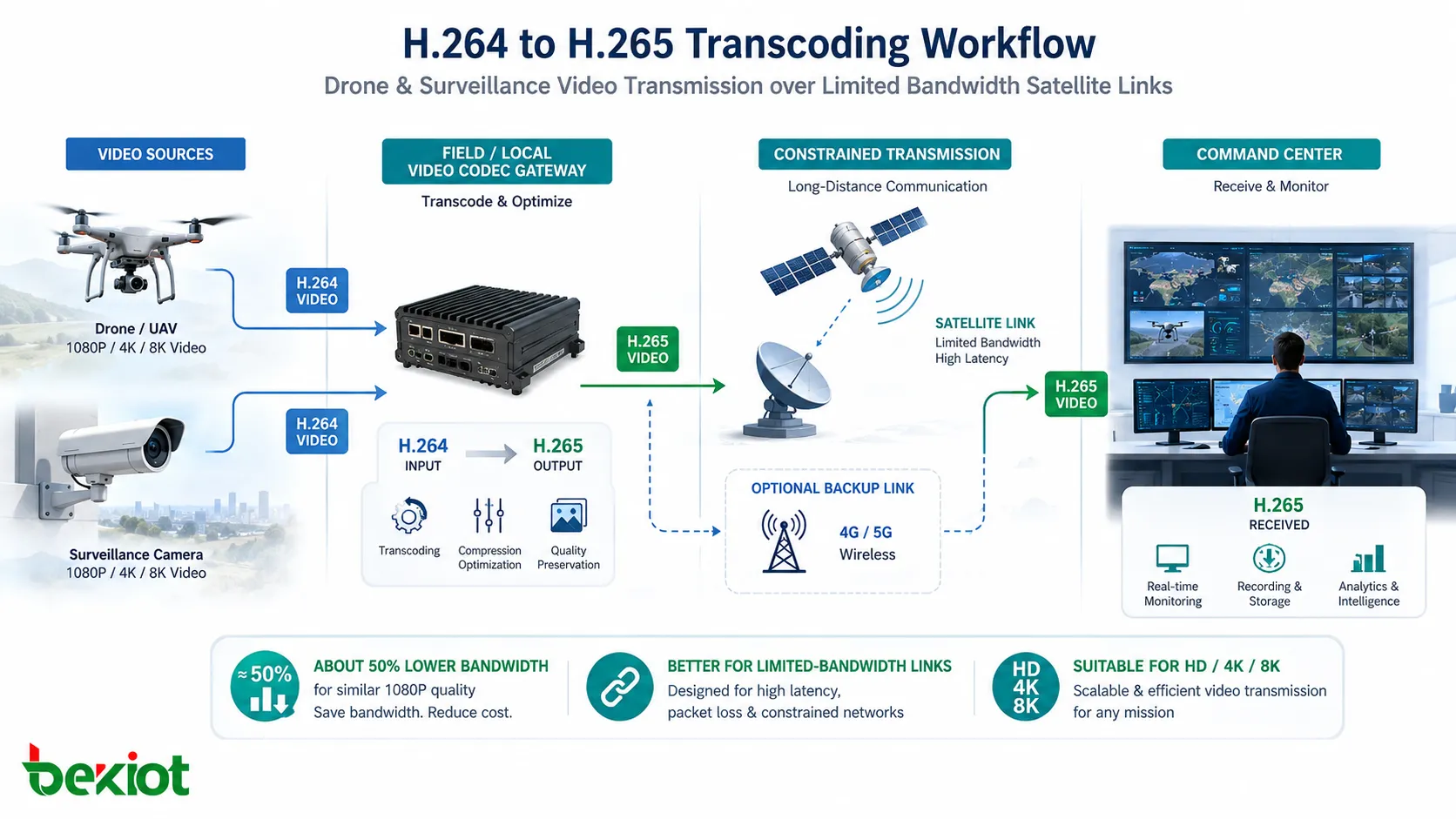Fluxo de transcodificação de H264 para H265 para transmissão de vídeo de drones e vigilância por links de satélite com largura de banda limitada