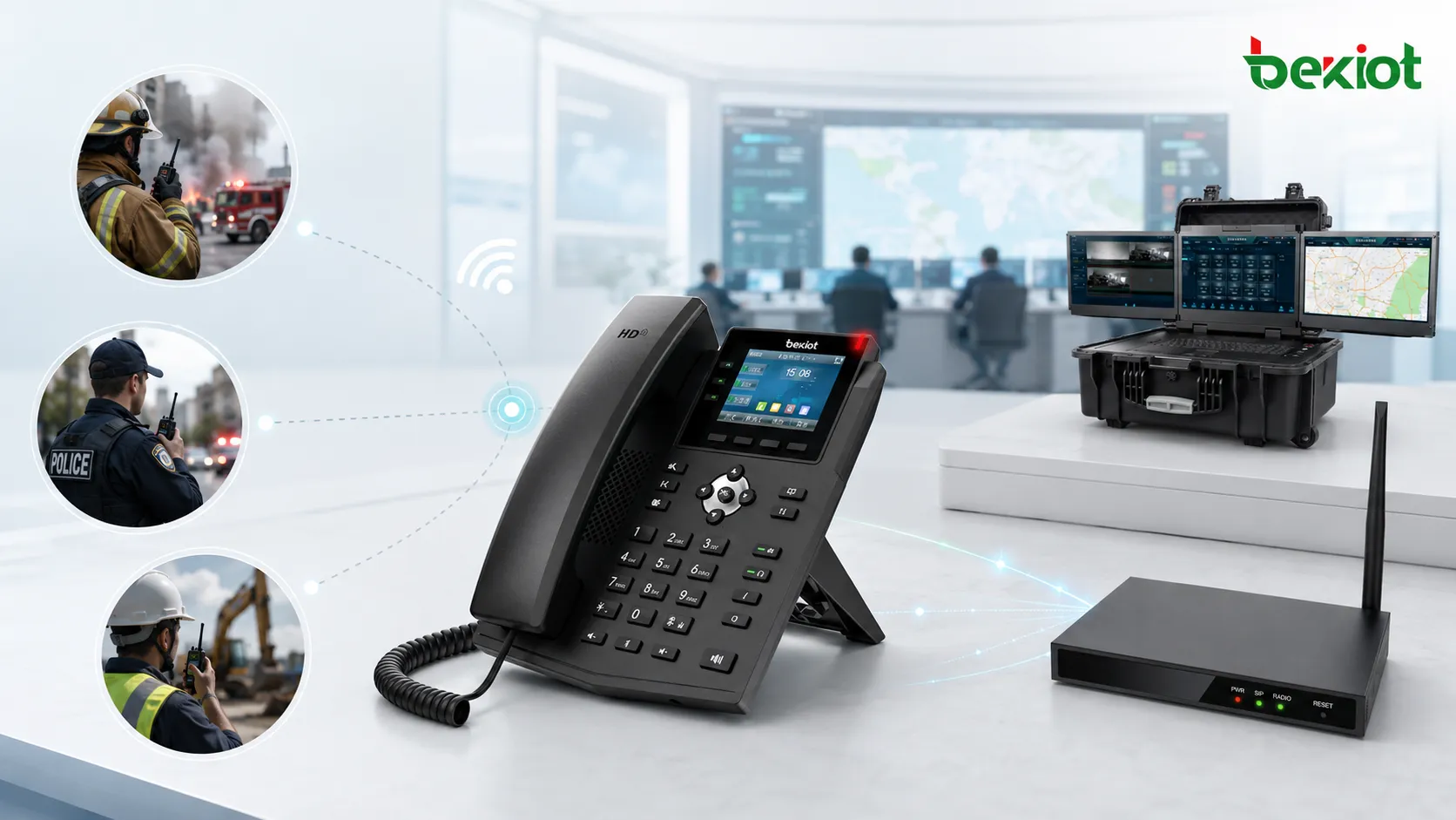 Maleta de comando emergencial portátil com gateway RoIP, acesso a telefone via satélite, telefone IP e interoperabilidade de rádio de campo