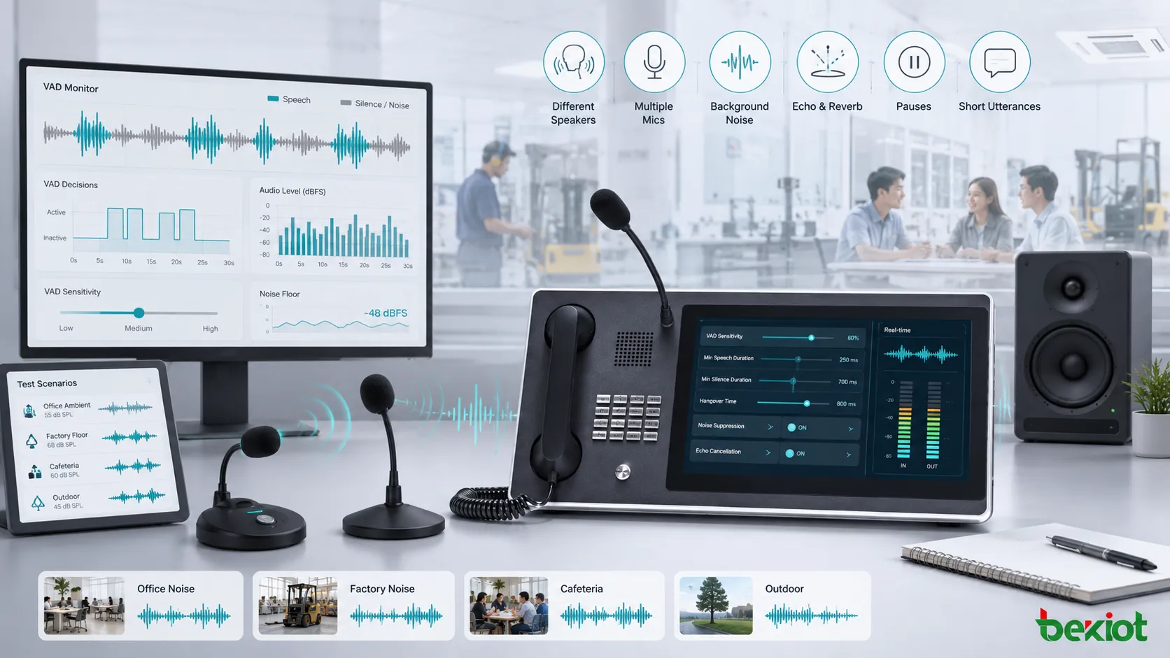 Teste de detecção de atividade de voz em ambientes ruidosos com microfones falantes e monitoramento de áudio em tempo real