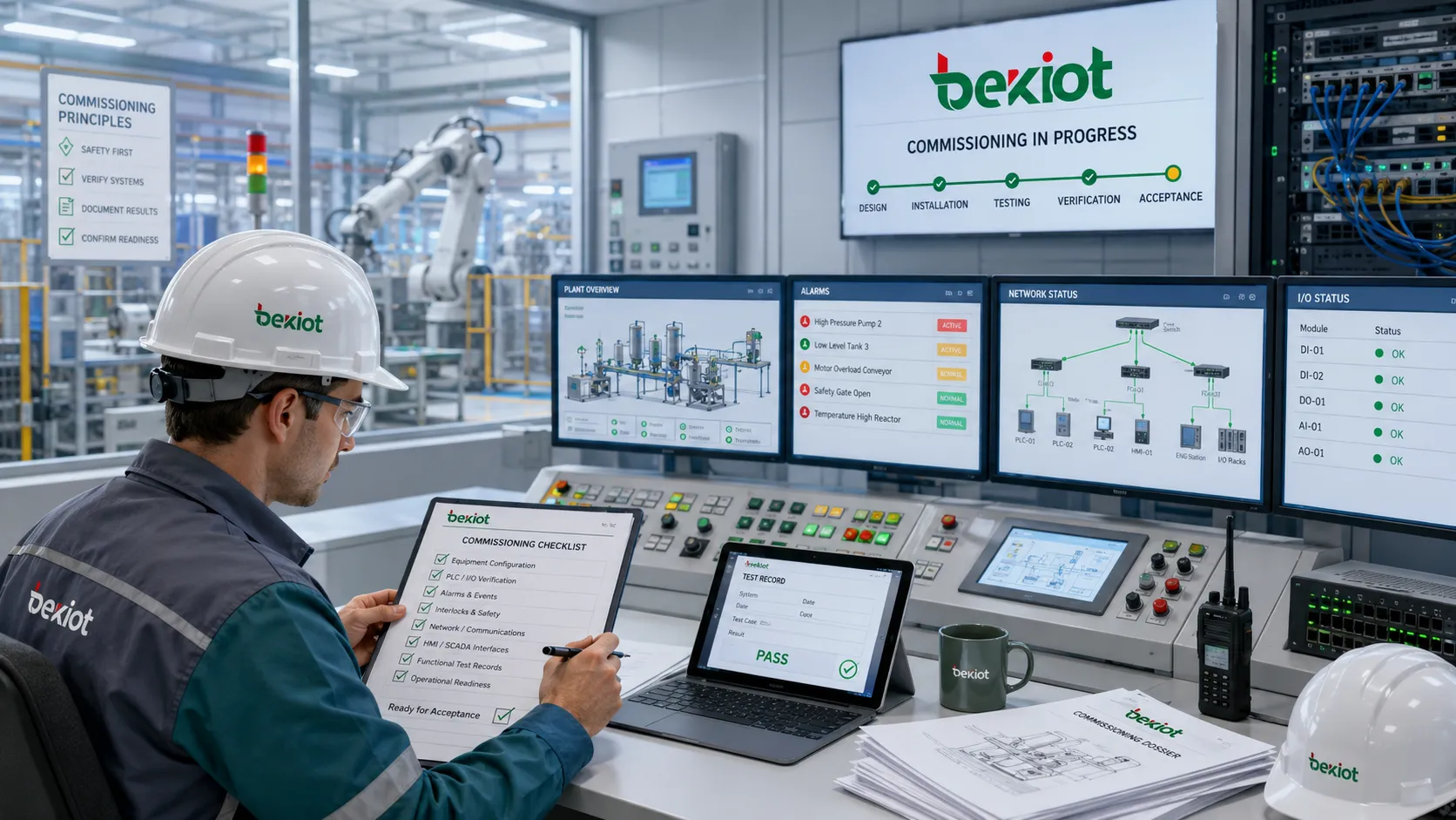 Engenheiro de comissionamento verificando configuração de equipamentos registros de teste e prontidão operacional em uma sala de controle
