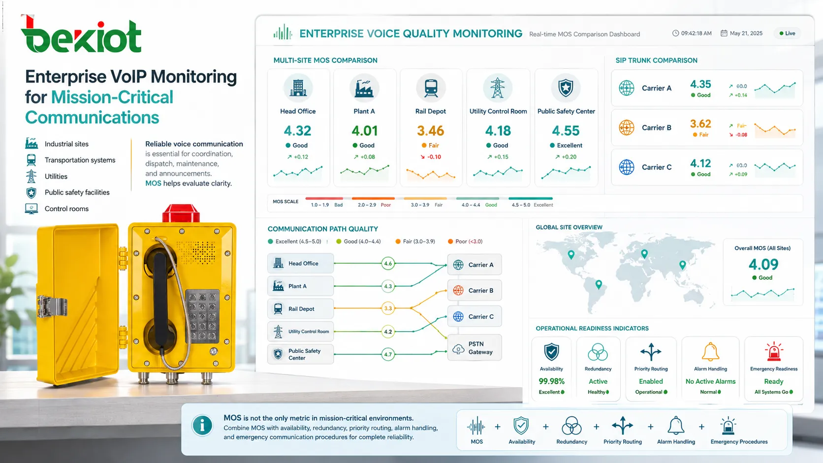 Plataforma empresarial de monitoramento VoIP comparando pontuações MOS entre escritórios e troncos SIP