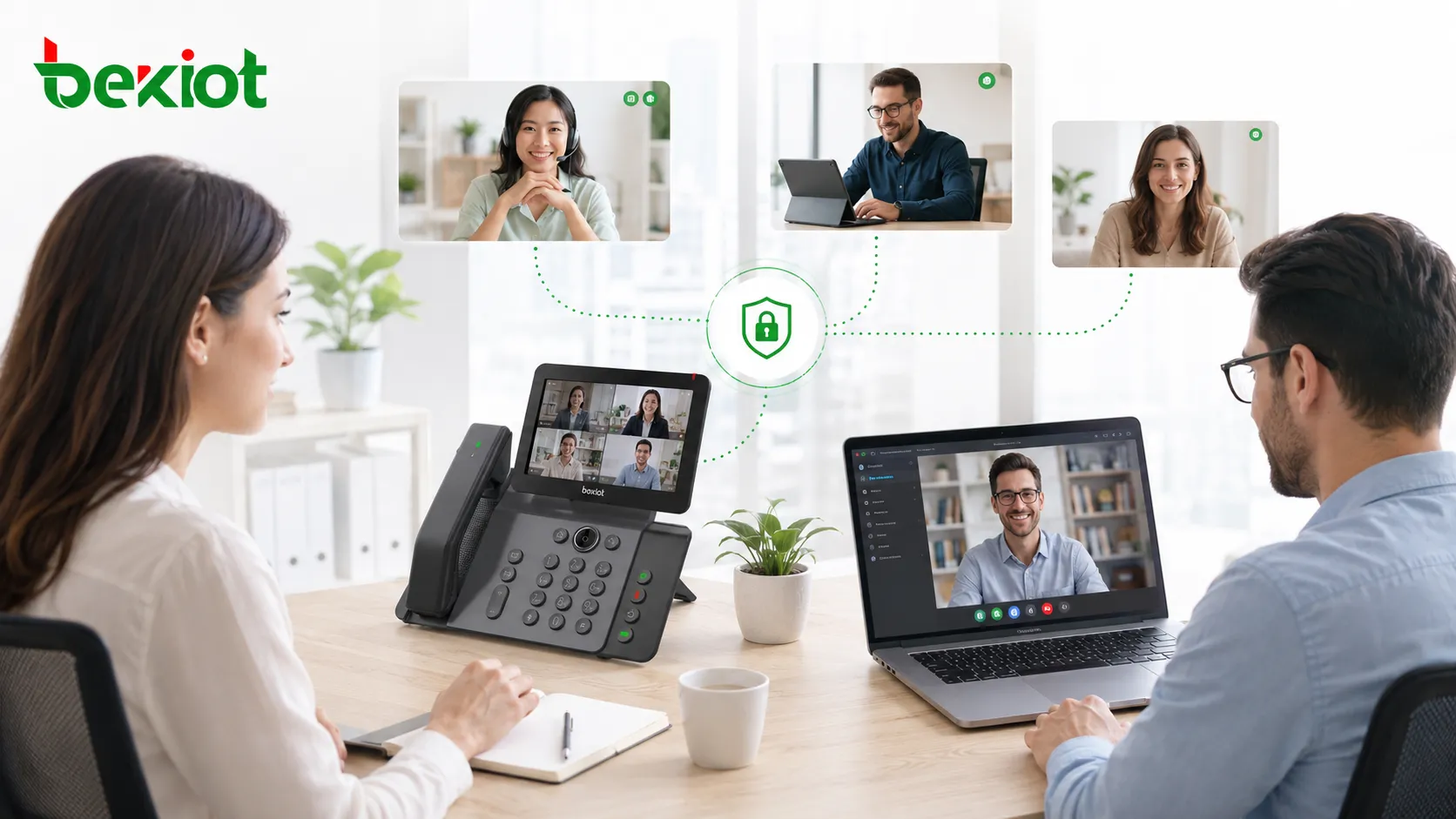 Funcionários corporativos entrando em audioconferências seguras por telefones de mesa e softphones